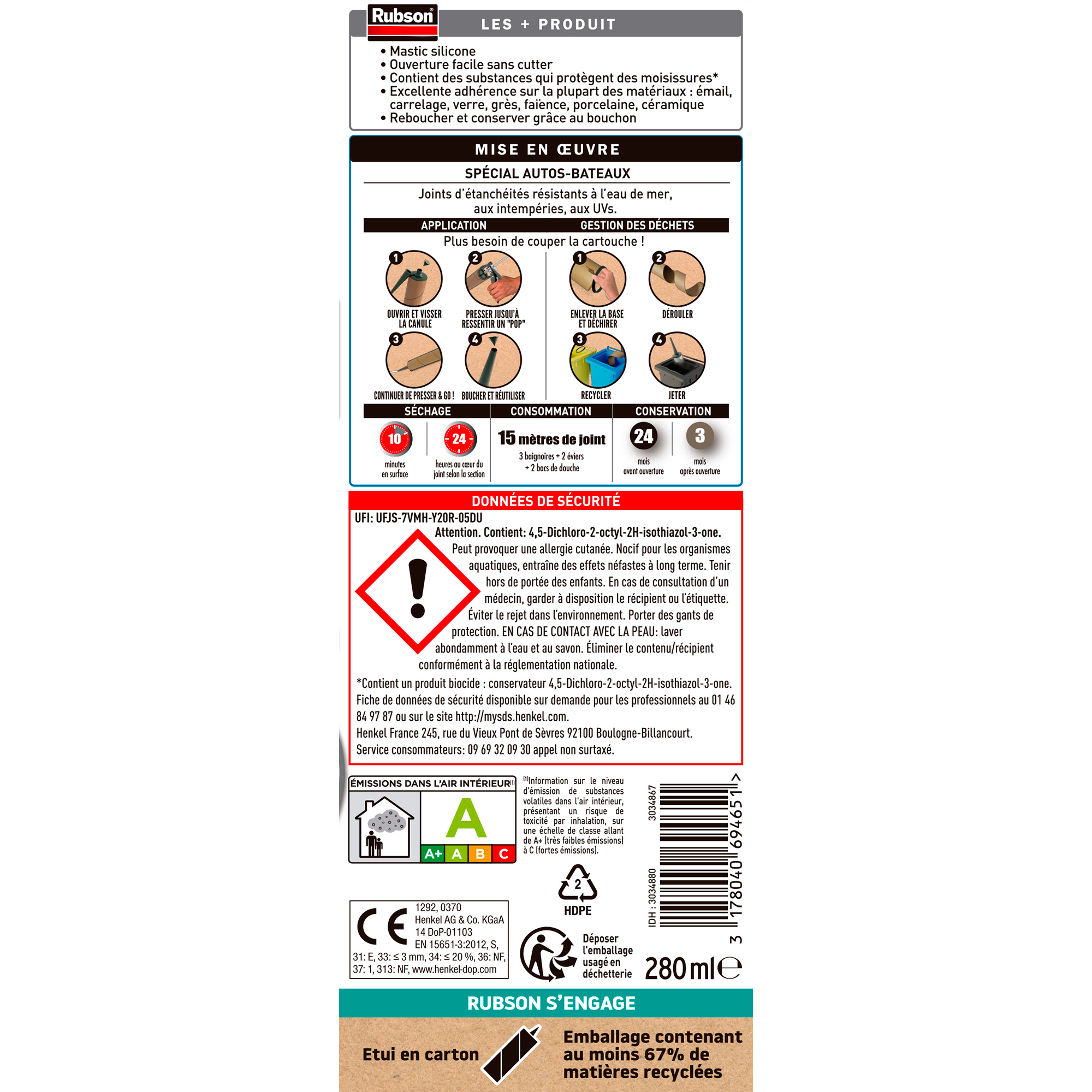 Silicone d'étanchéité Spécial auto et bateaux RUBSON transparent, 280 ml - 10