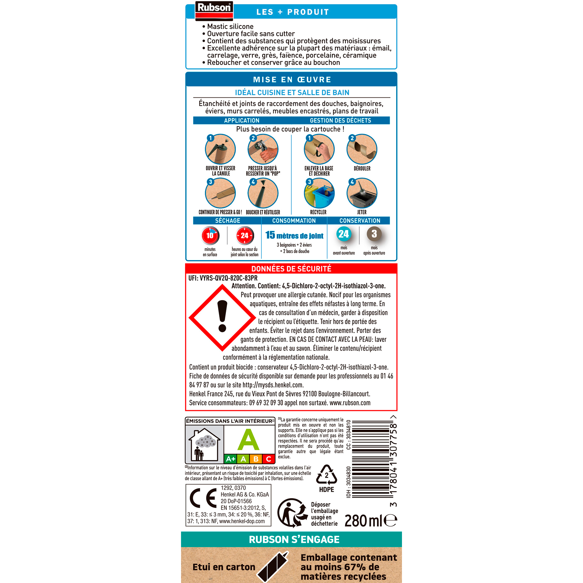 Silicone d'étanchéité Bain et cuisine RUBSON blanc, 280 ml - 10