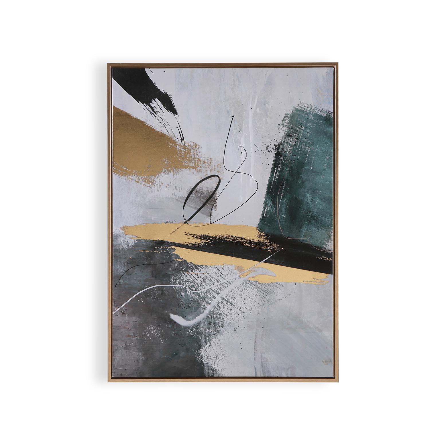 Cuadro pintura impresa enmarcada Abstracto rectangular de 50 x 70 cm. MDF Kai dorado, negro y gris. Marco color Castaño - 2
