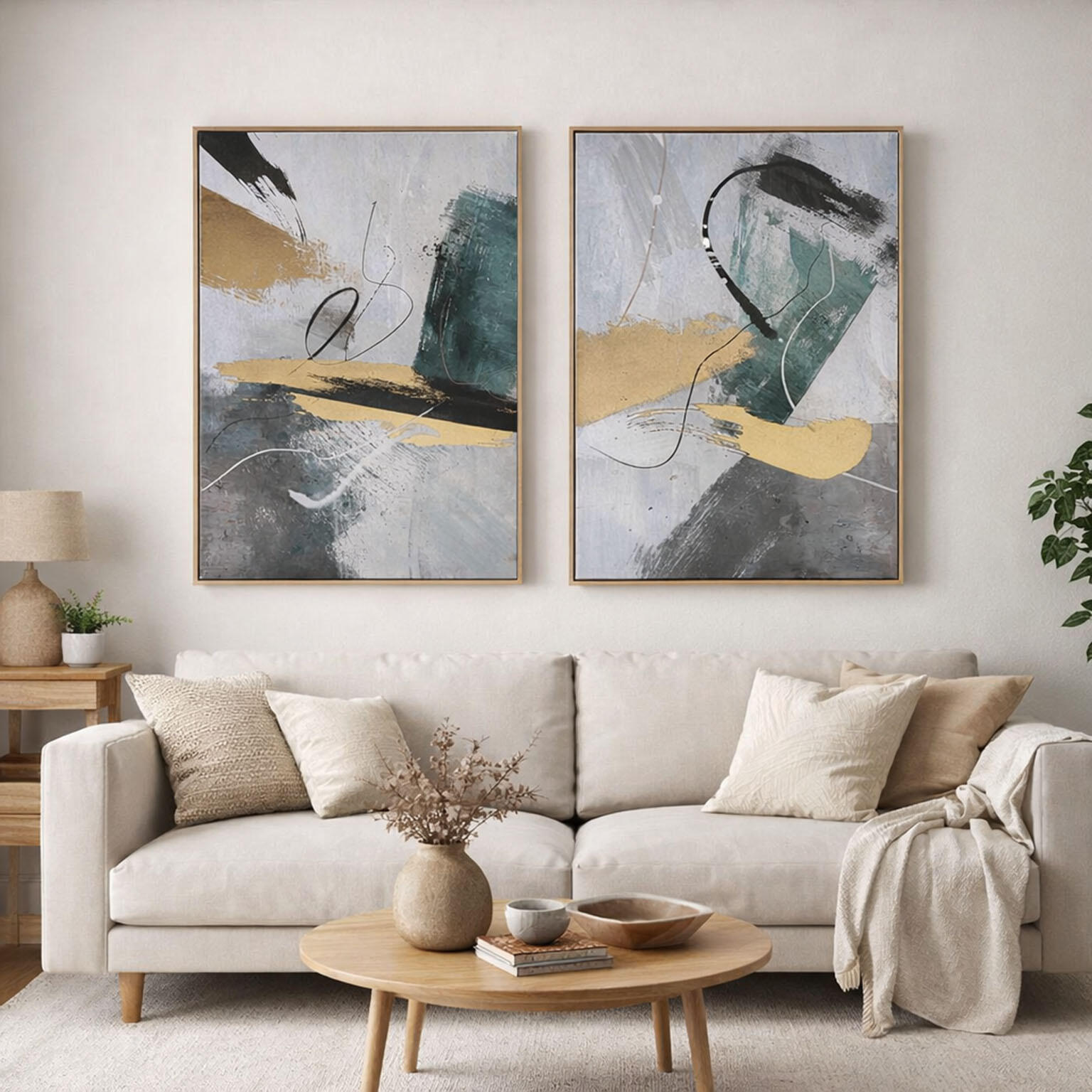 Cuadro pintura impresa enmarcada abstracto rectangular de 50 x 70 cm. mdf eon dorado, negro y gris. marco color castaño