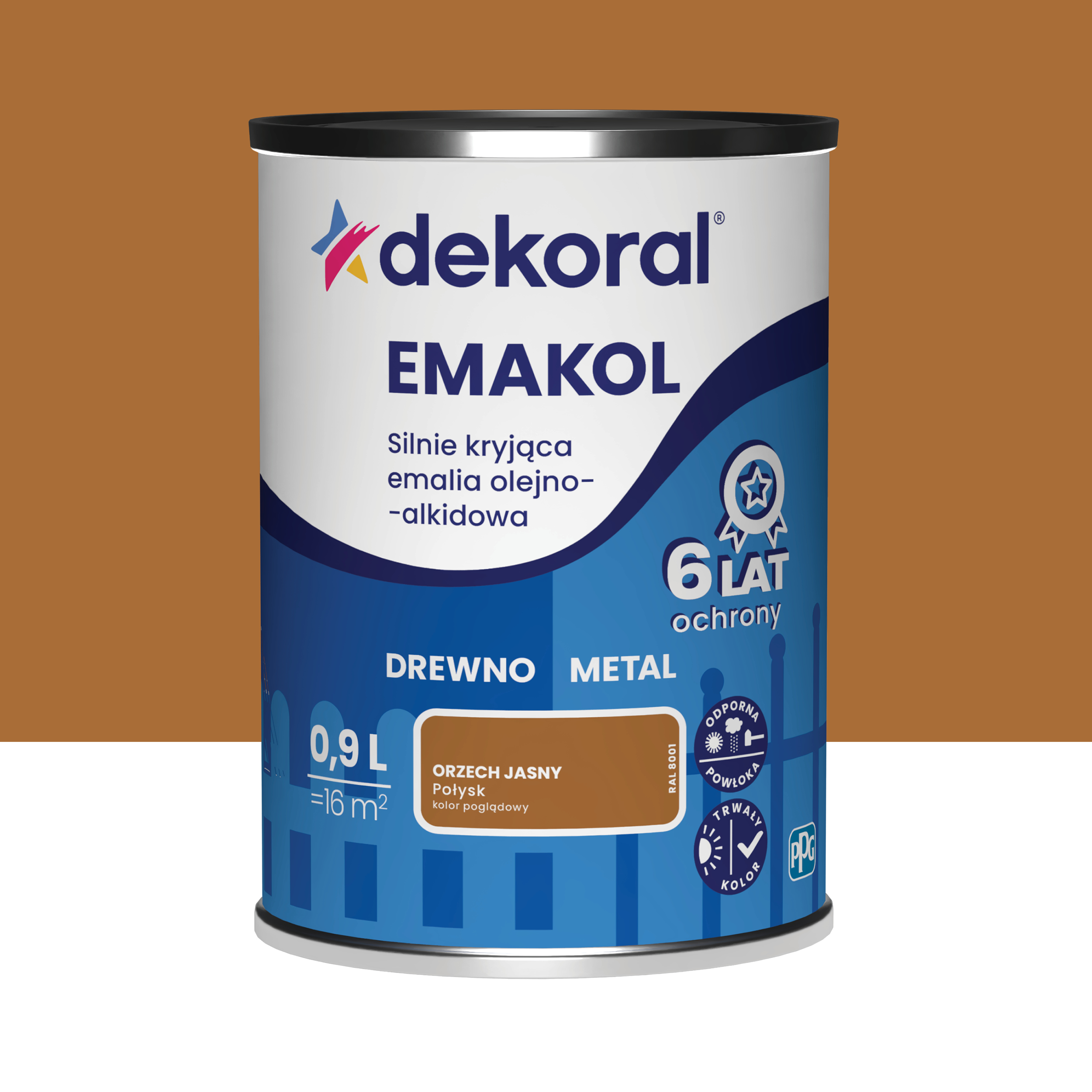 Emalia olejno-alkidowa Emakol drewno metal 0.9 l Orzech jasny Połysk Dekoral