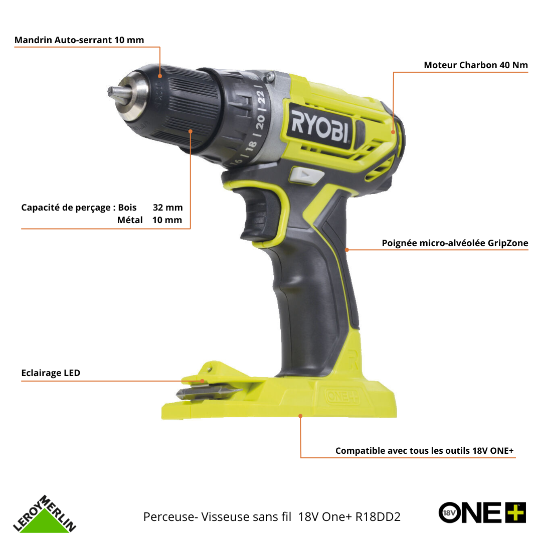 Perceuse sans fil 18 V RYOBI R18dd2-220s, 40 Nm + 2 batteries 2Ah - 2