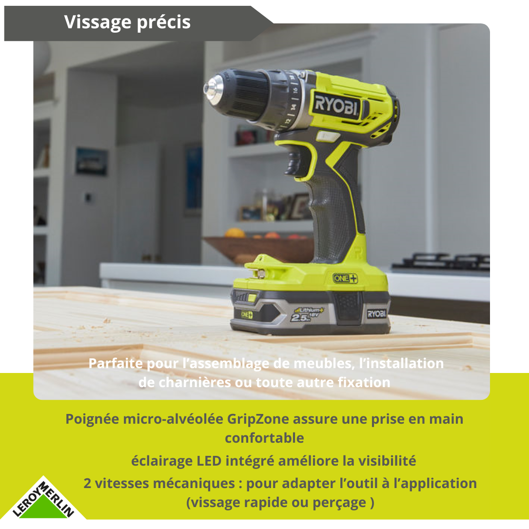 Perceuse sans fil 18 V RYOBI R18dd2-220s, 40 Nm + 2 batteries 2Ah - 3