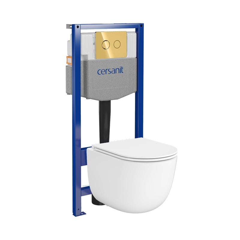Zestaw podtynkowy WC pneumatyczny Fiori miska WC wirowa deska WC duroplast przycisk Sido złoty Cersanit
