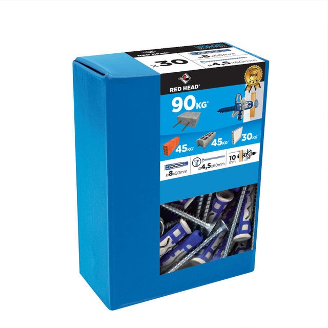 Lot de 30 chevilles MX RED HEAD, Ø8 x L.50 mm + vis TF Ø4,5 x L.60 mm
