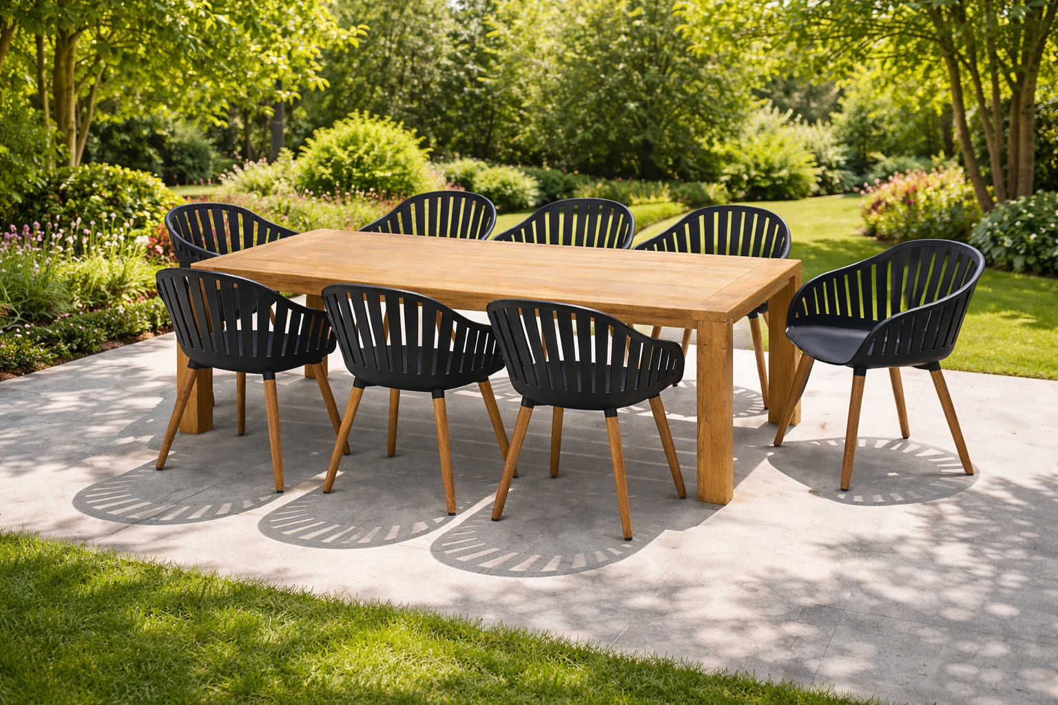Conjunto de comedor jambi de color marrón y negro de 8 plazas