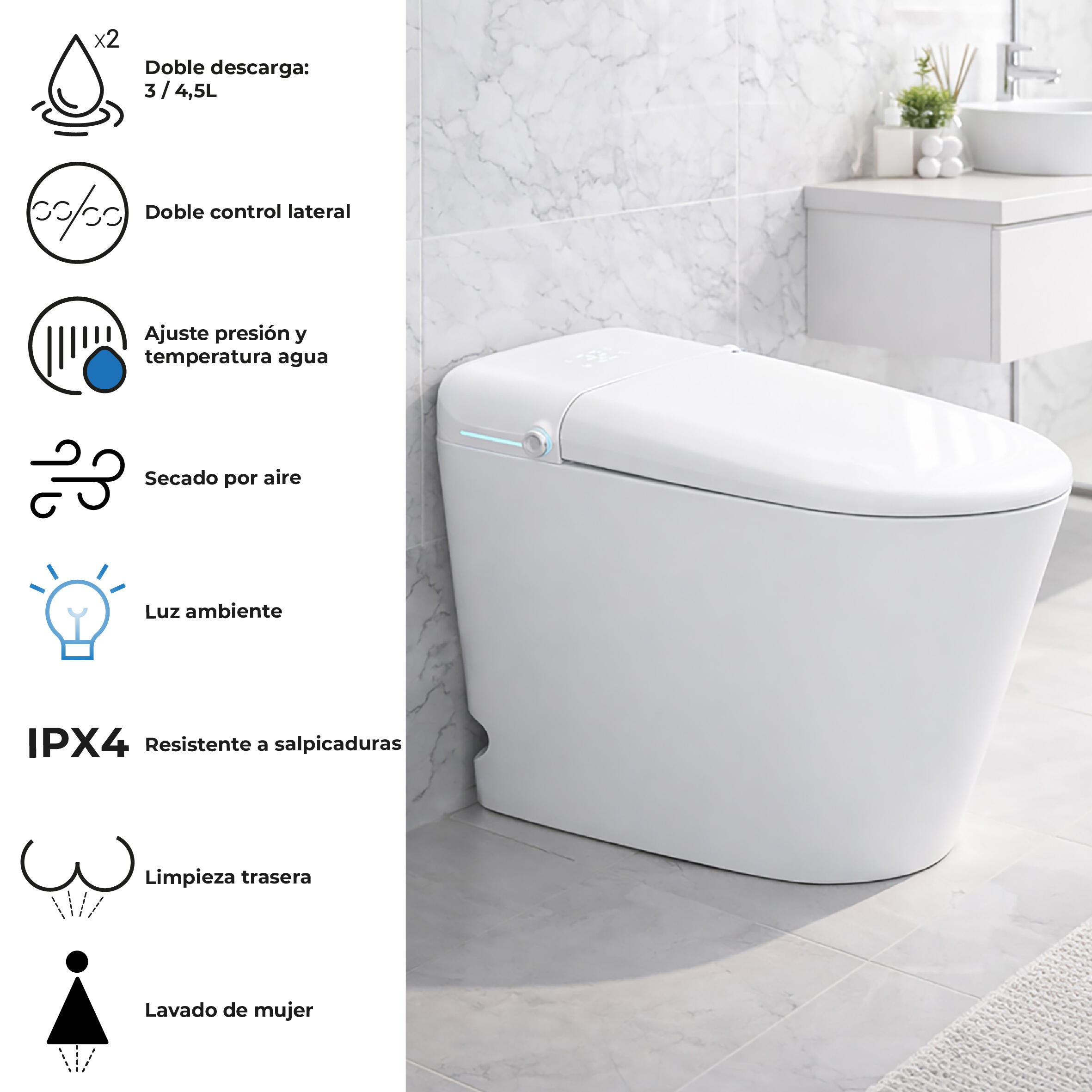Inodoro Japonés ArteCristal Smart Arte Wash aroma in-tank color blanco con salida dual y cánula de limpieza automática y manual, higiene intima avanzada, función de secado y asiento calefactable - 6