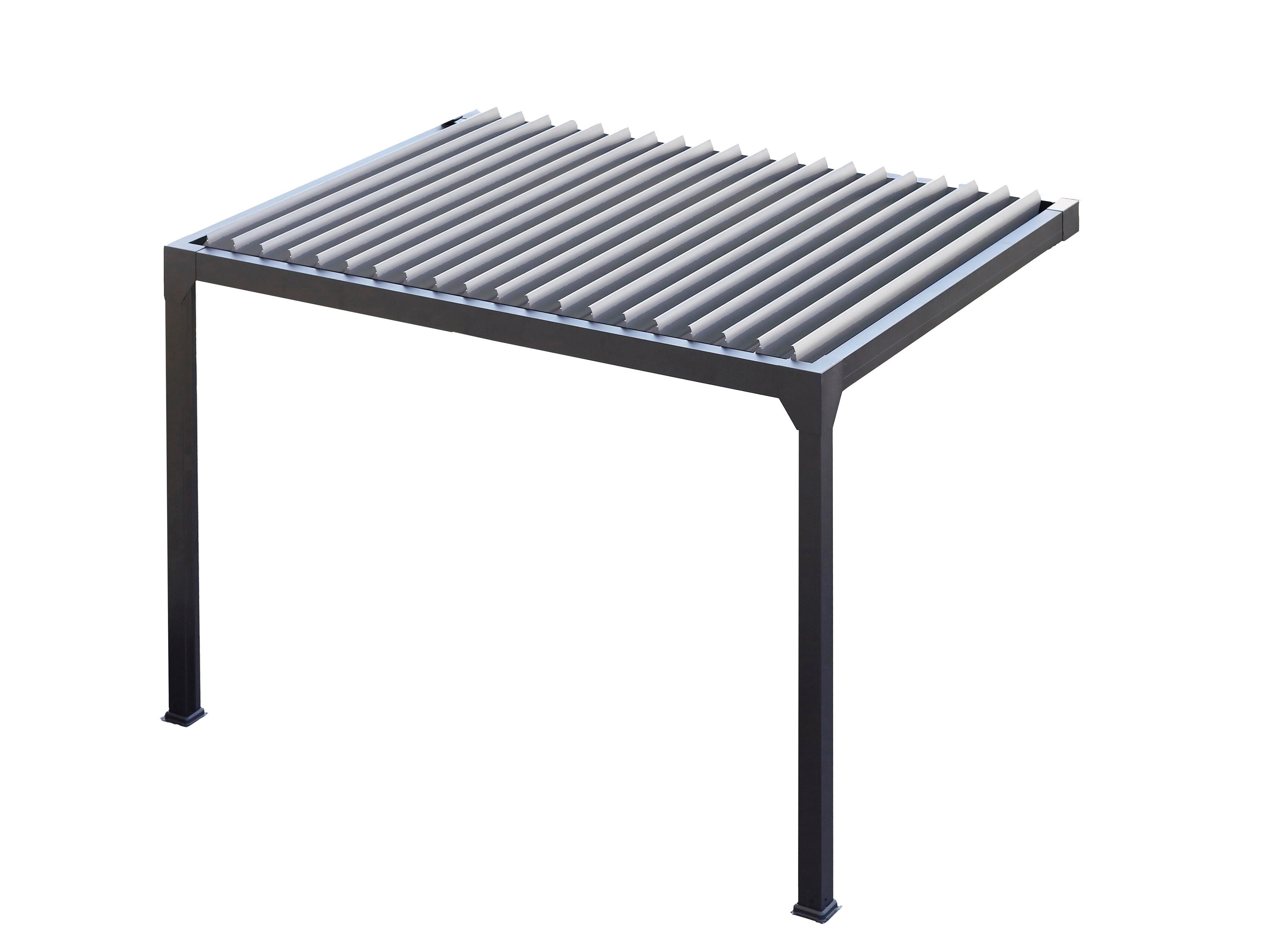 pergola bioclimatica de aluminio adosada green outside menea negro y lama blanca de 310 x 399 x 250 cm motorizada con led