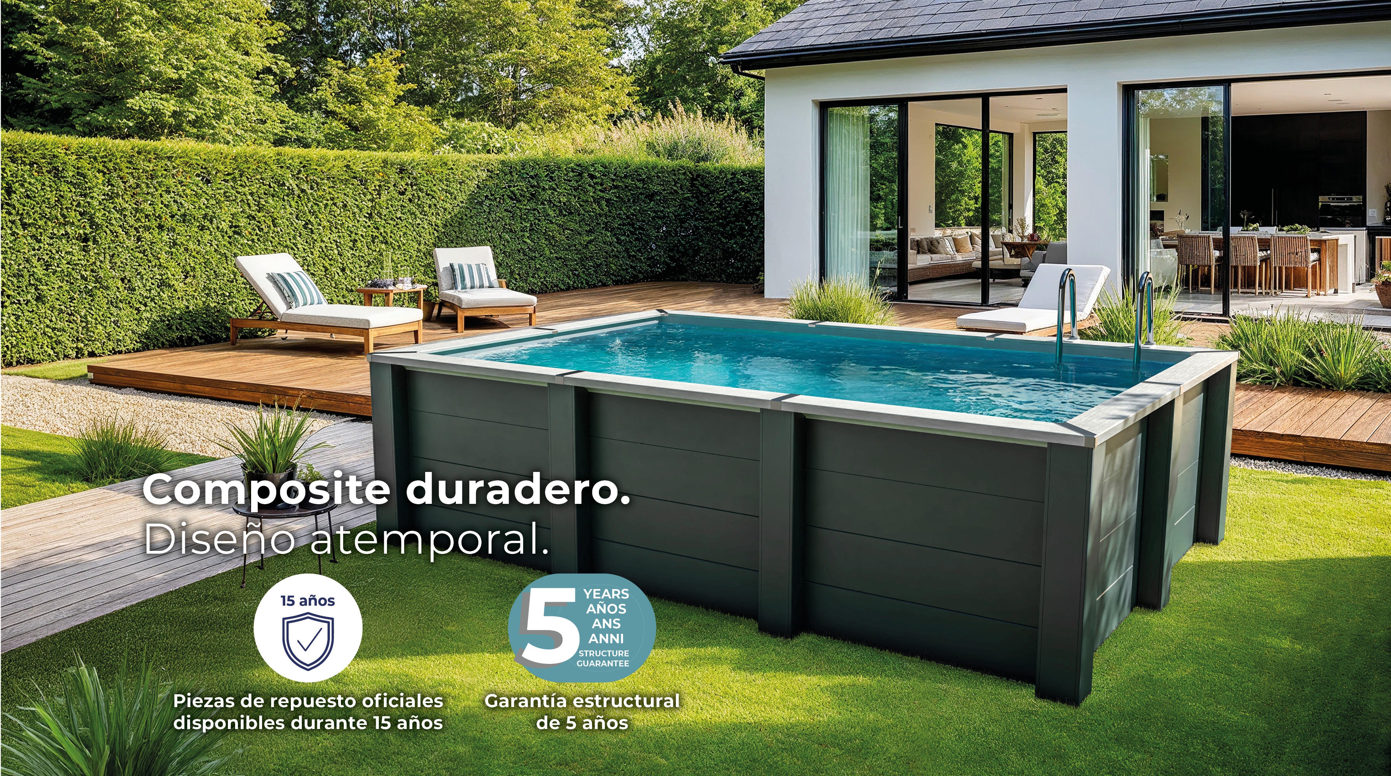 Piscina elevada de composite gris rectangular 2.8x1.75x0.91 m con depuradora de arena y escalera de obra GRE - 6