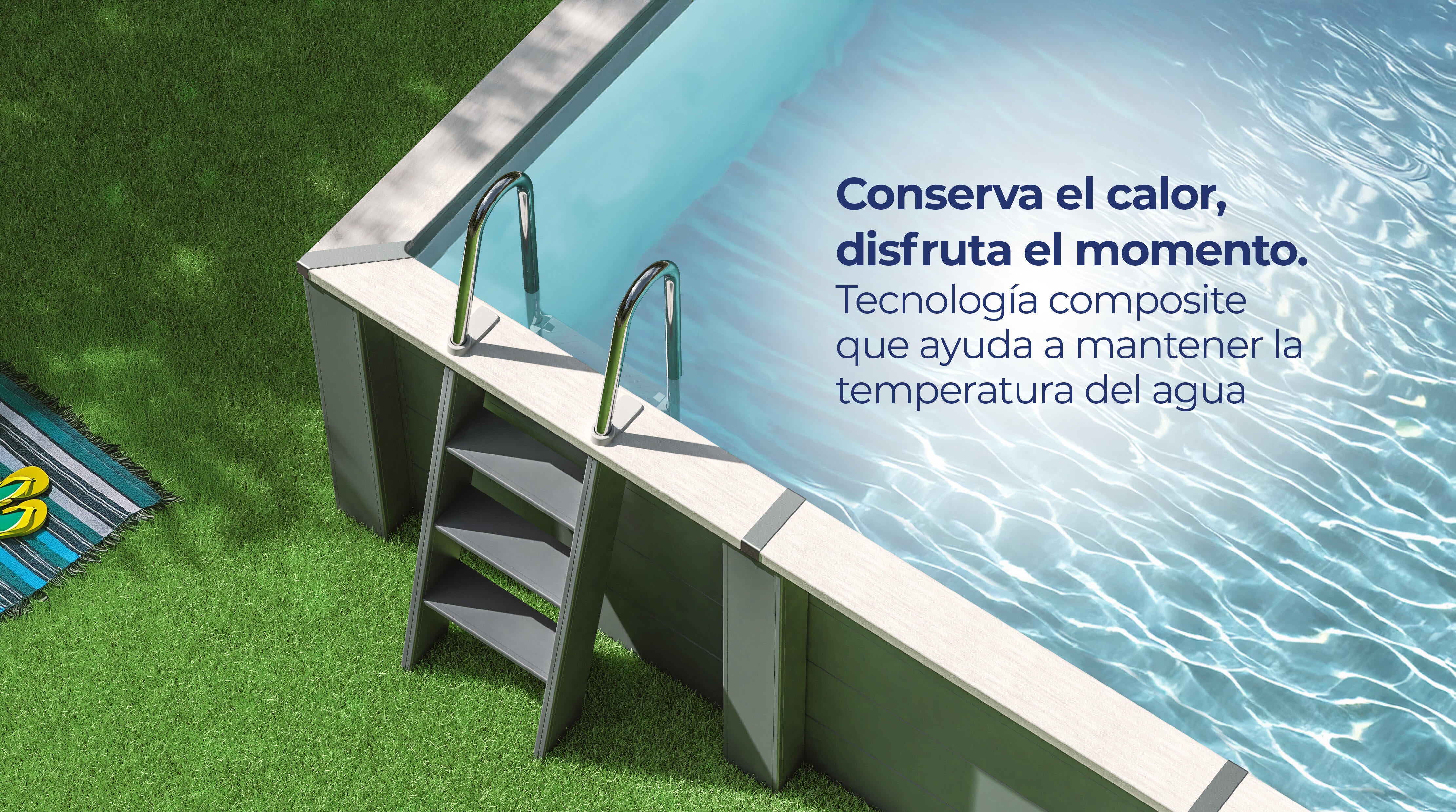 Piscina elevada de composite gris rectangular 2.8x1.75x0.91 m con depuradora de arena y escalera de obra GRE - 10