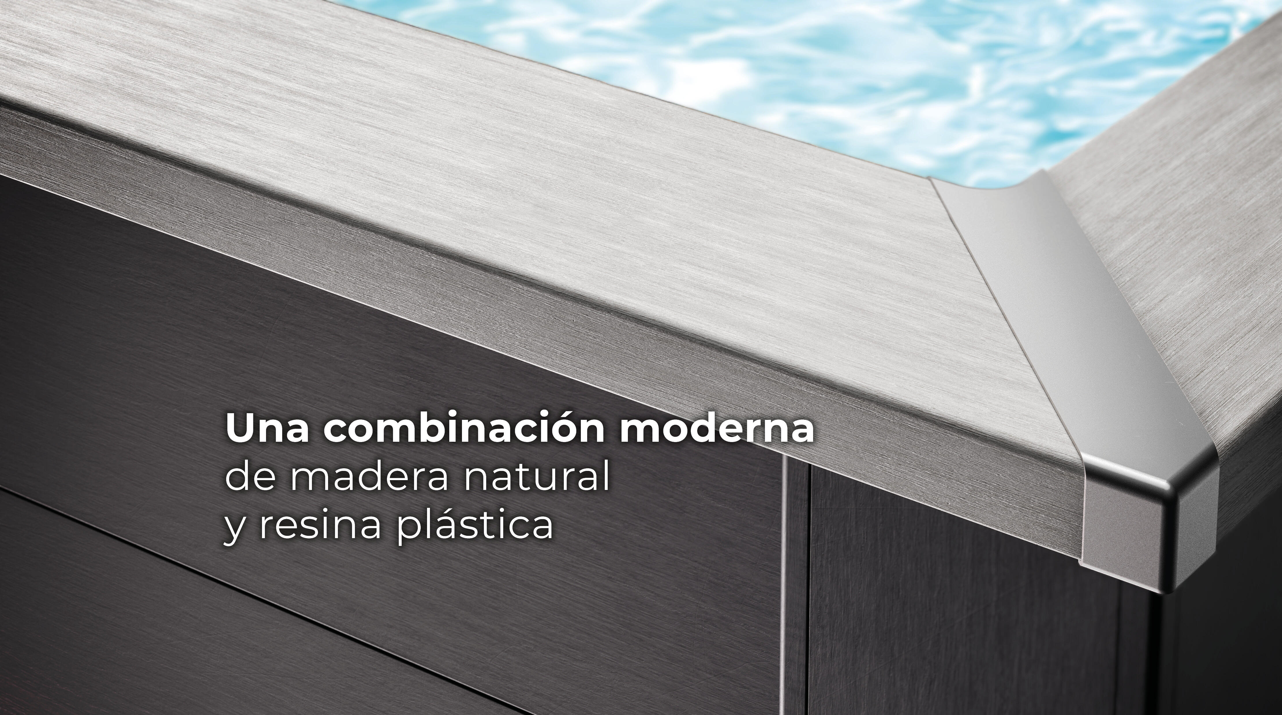 Piscina elevada de composite gris rectangular 2.8x1.75x0.91 m con depuradora de arena y escalera de obra GRE - 11