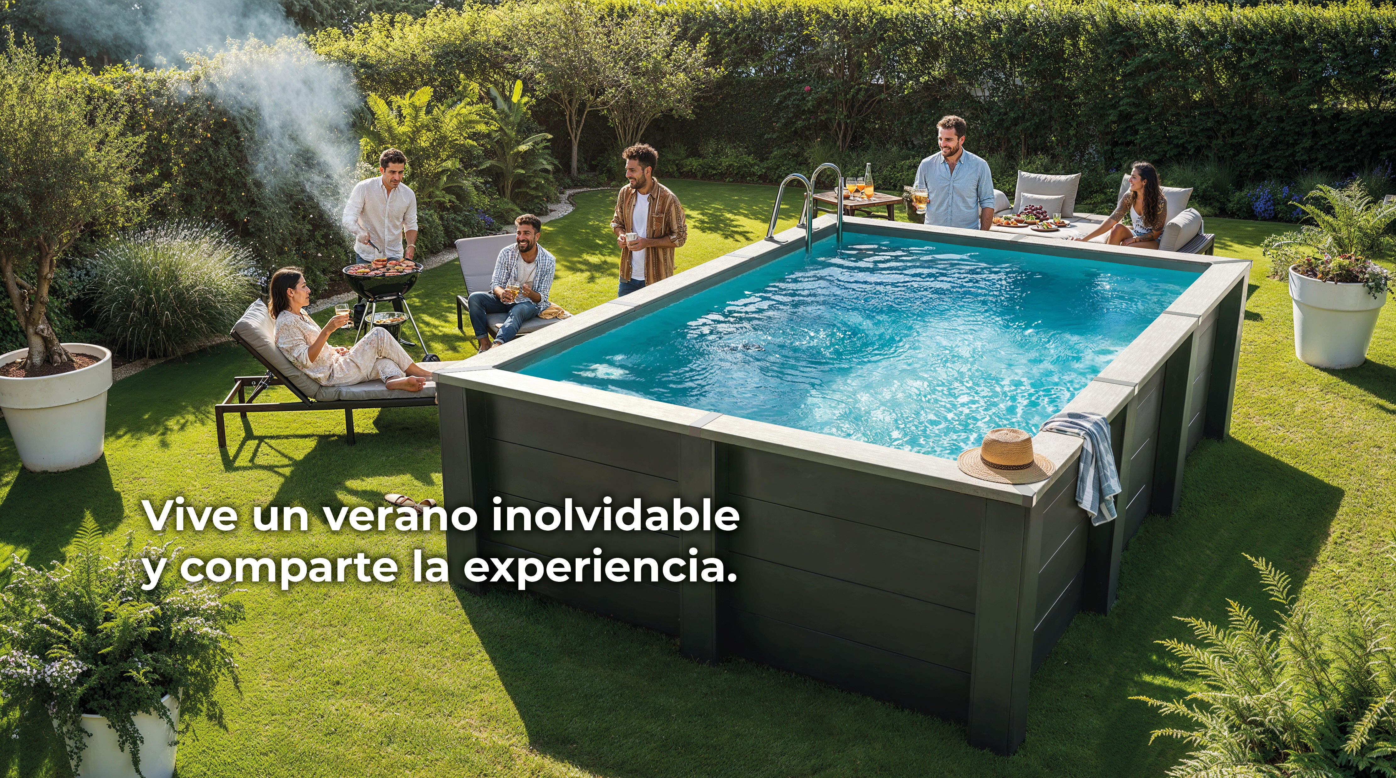 Piscina elevada de composite gris rectangular 2.8x1.75x0.91 m con depuradora de arena y escalera de obra GRE - 12
