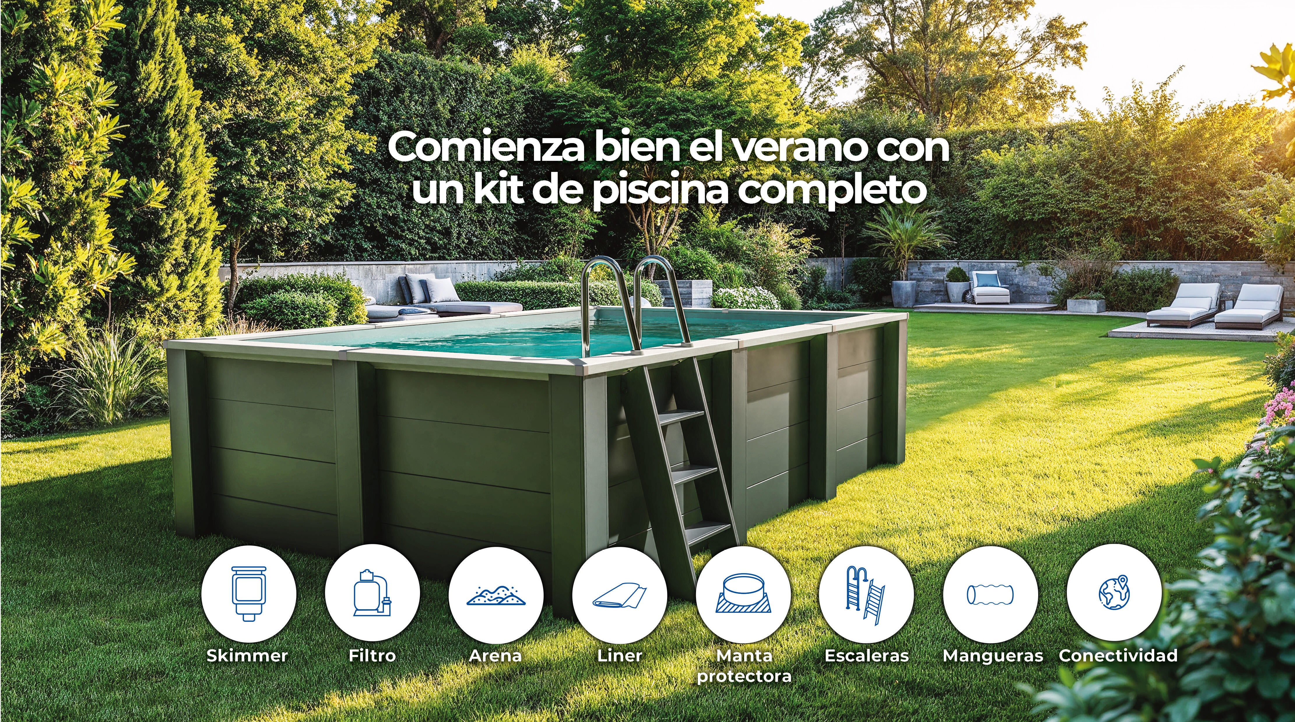 Piscina elevada de composite gris rectangular 2.8x1.75x0.91 m con depuradora de arena y escalera de obra GRE - 13