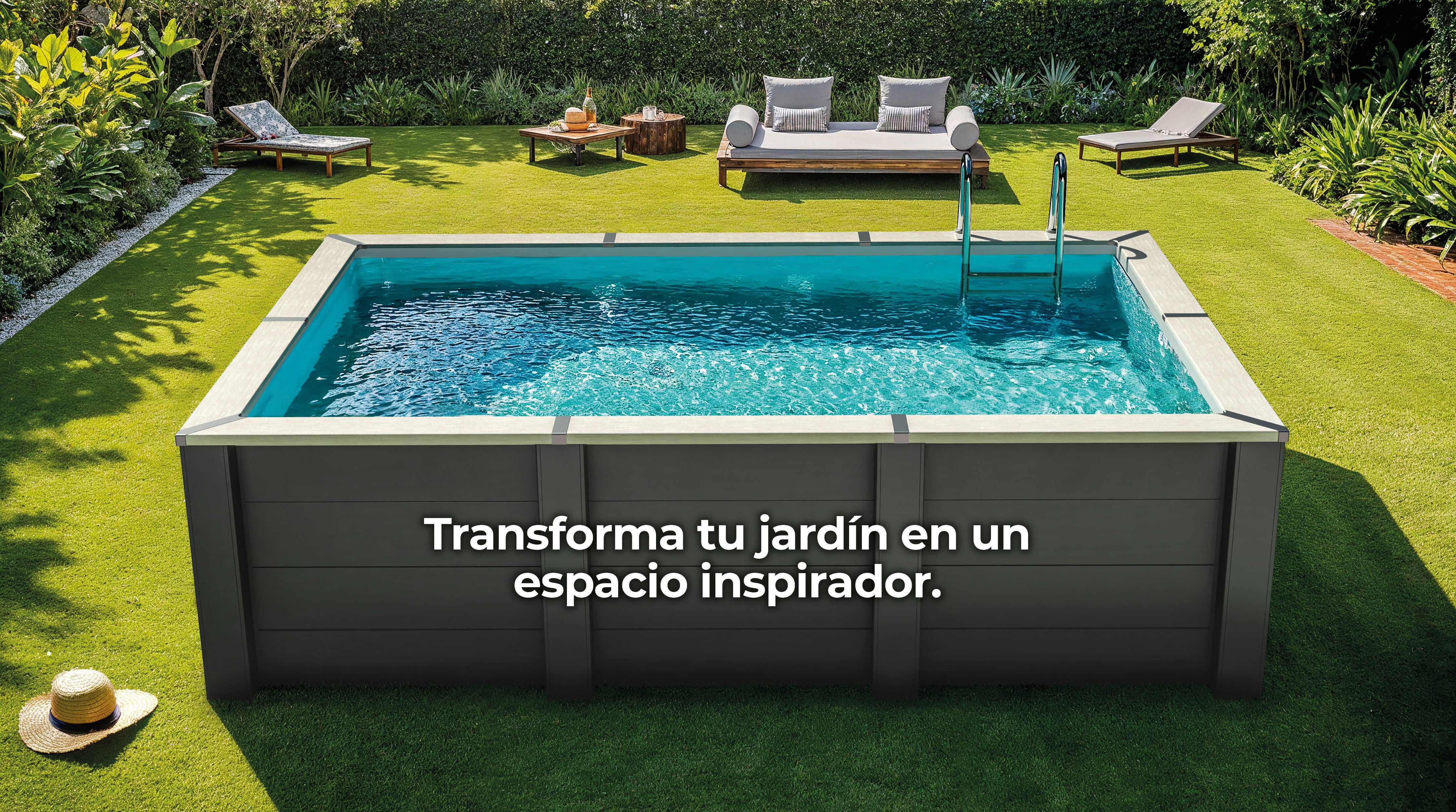Piscina elevada de composite gris rectangular 2.8x1.75x0.91 m con depuradora de arena y escalera de obra GRE - 14