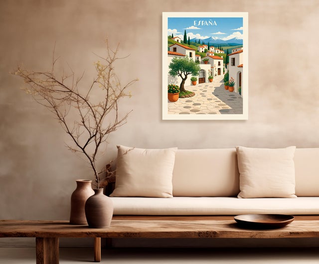 Pintura impresa sin marco Ciudad retro España Pueblo Mediterráneo 40x40 cm