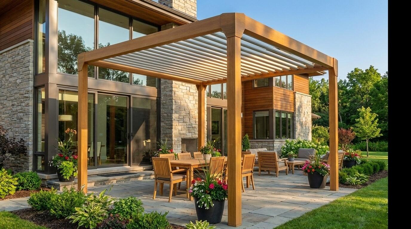 Pérgola bioclimática de aluminio green outside menea negro y lama blanca de 310 x 399 x x 250 cm motorizada con led