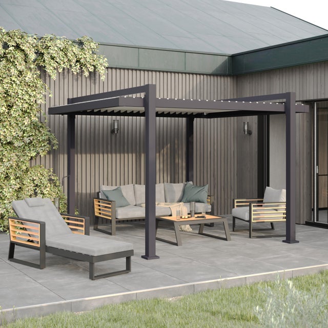 Pérgola bioclimática de aluminio NATERIAL Odyssea gris y lama gris claro de 320 x 358.5 x 247 cm manual
