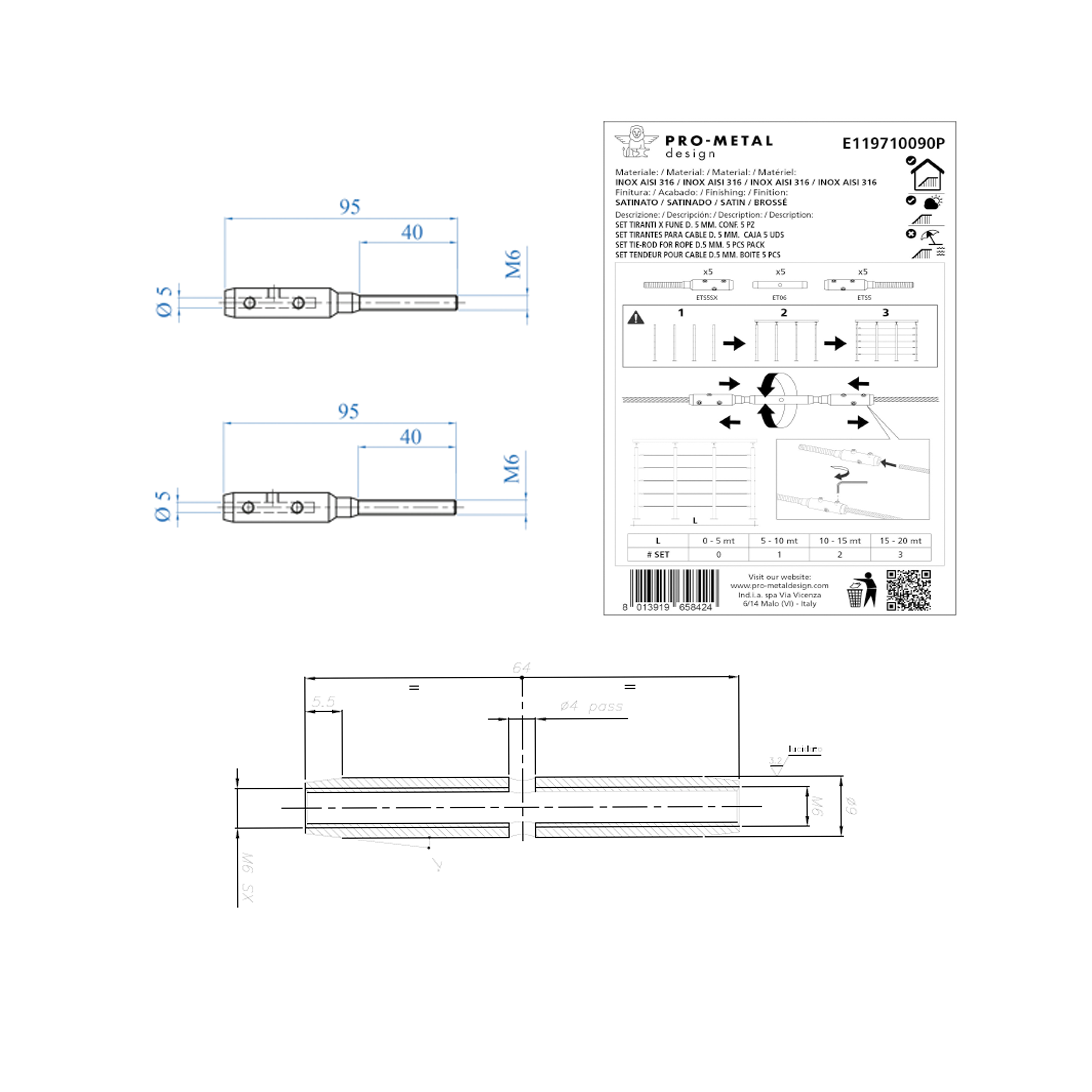 TENSOR DE CABLE M 5 INTERMEDIO ACERO INOXIDABLE AIS316 - 3