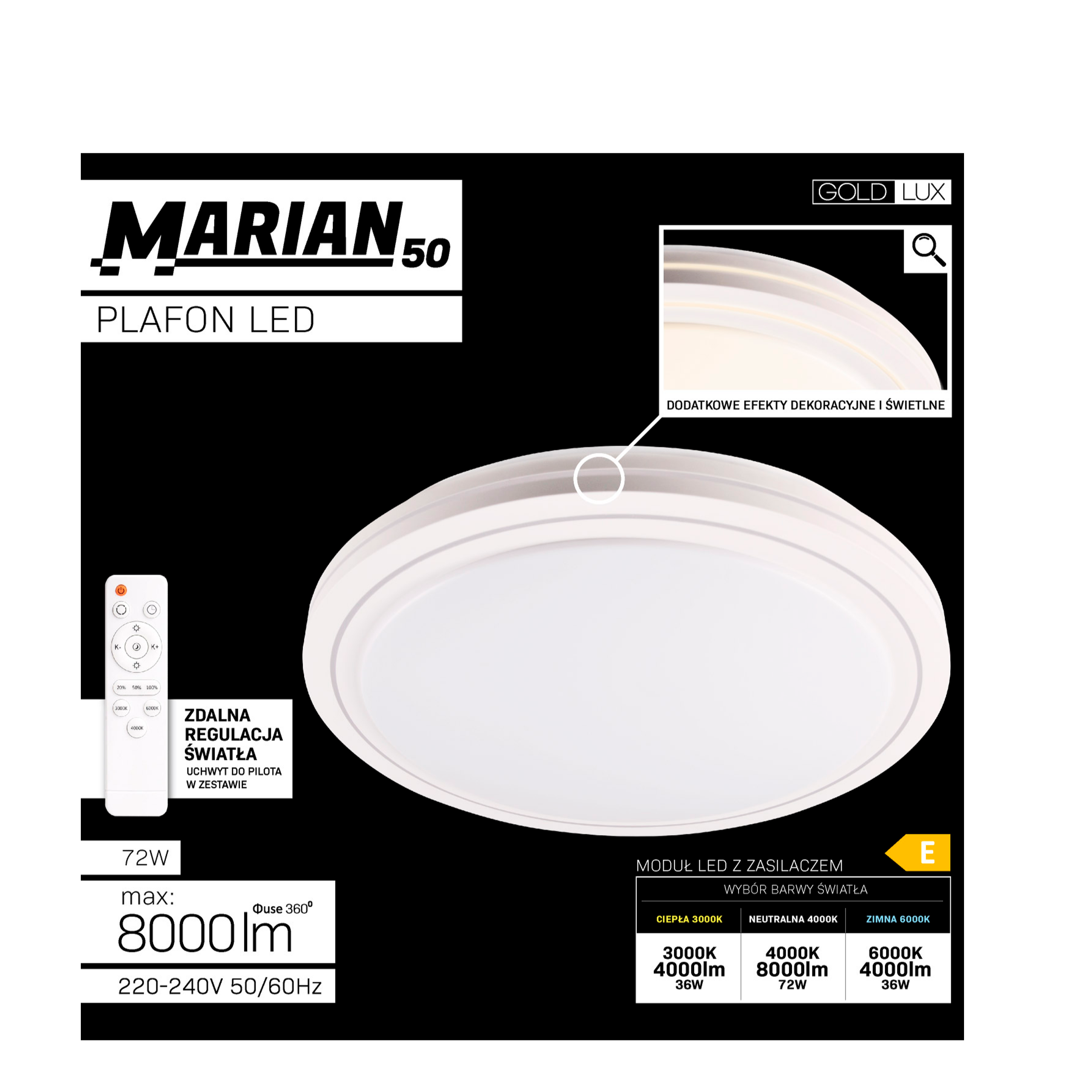 Plafon LED do łazienki Marian z pilotem 72 W 8000 lm regulacja barwy światła 50 cm biały IP44 Goldlux - 9