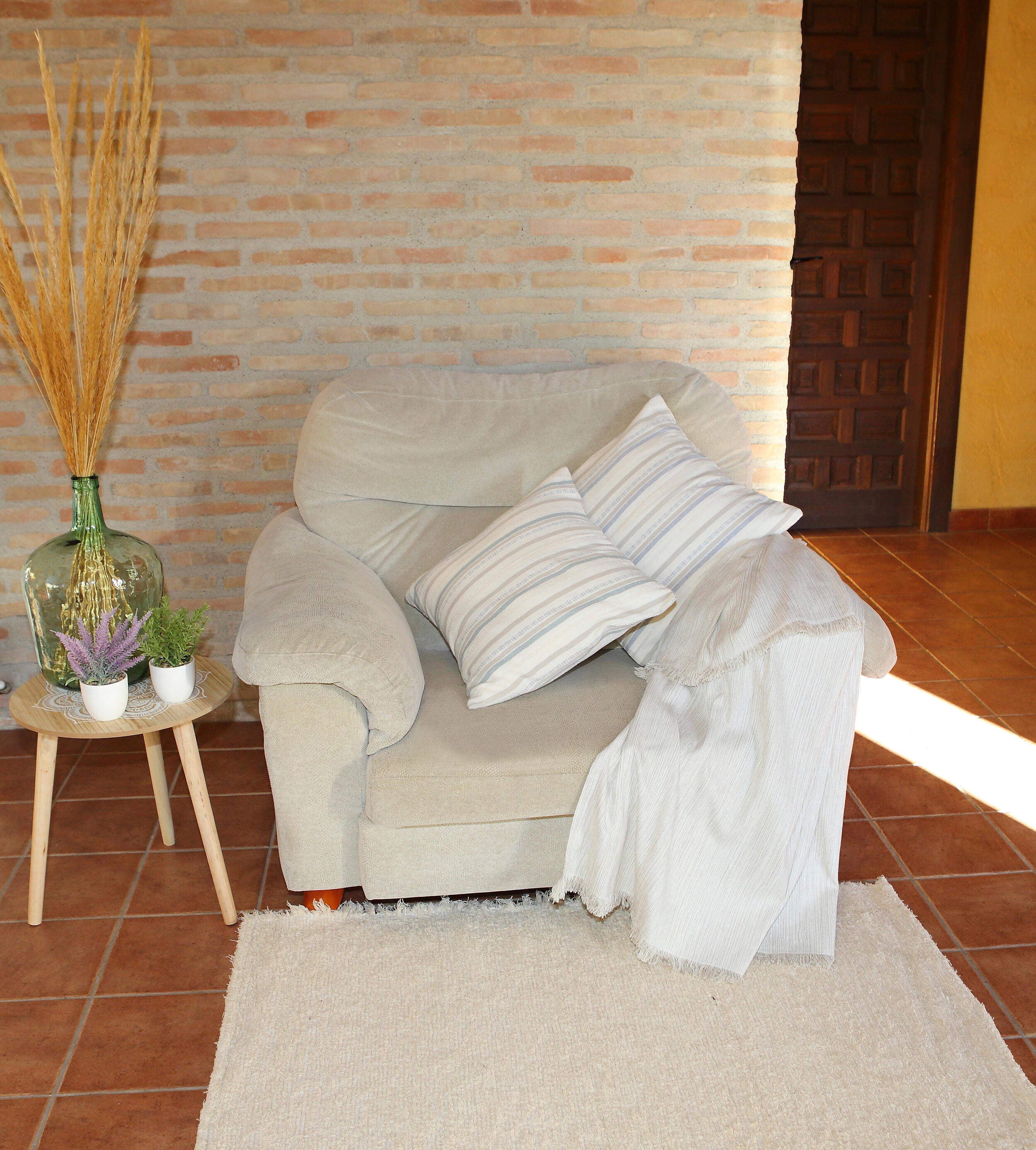Manta algodón venecia rectangular algodón liso beige con flecos de 230x260 cm