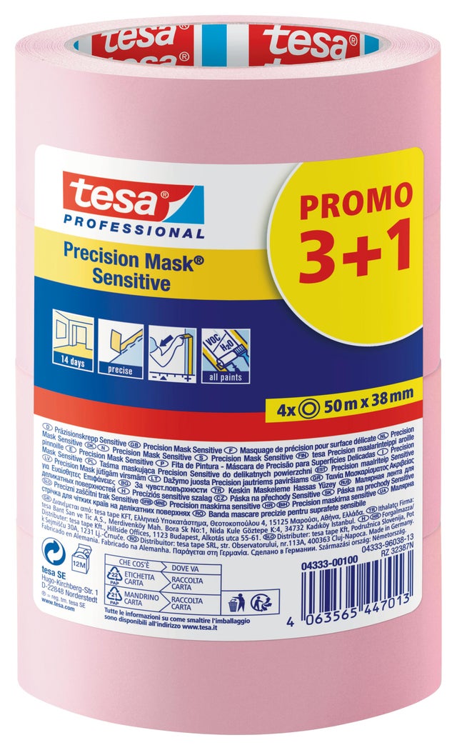 Ruban de masquage de précision surface délicate l.38 mm x L.50 m - TESA (lot de 4)