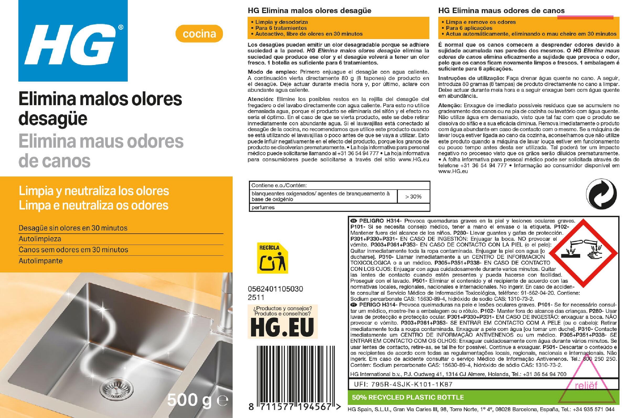 Removedor de odores canos 500 g HG - 5