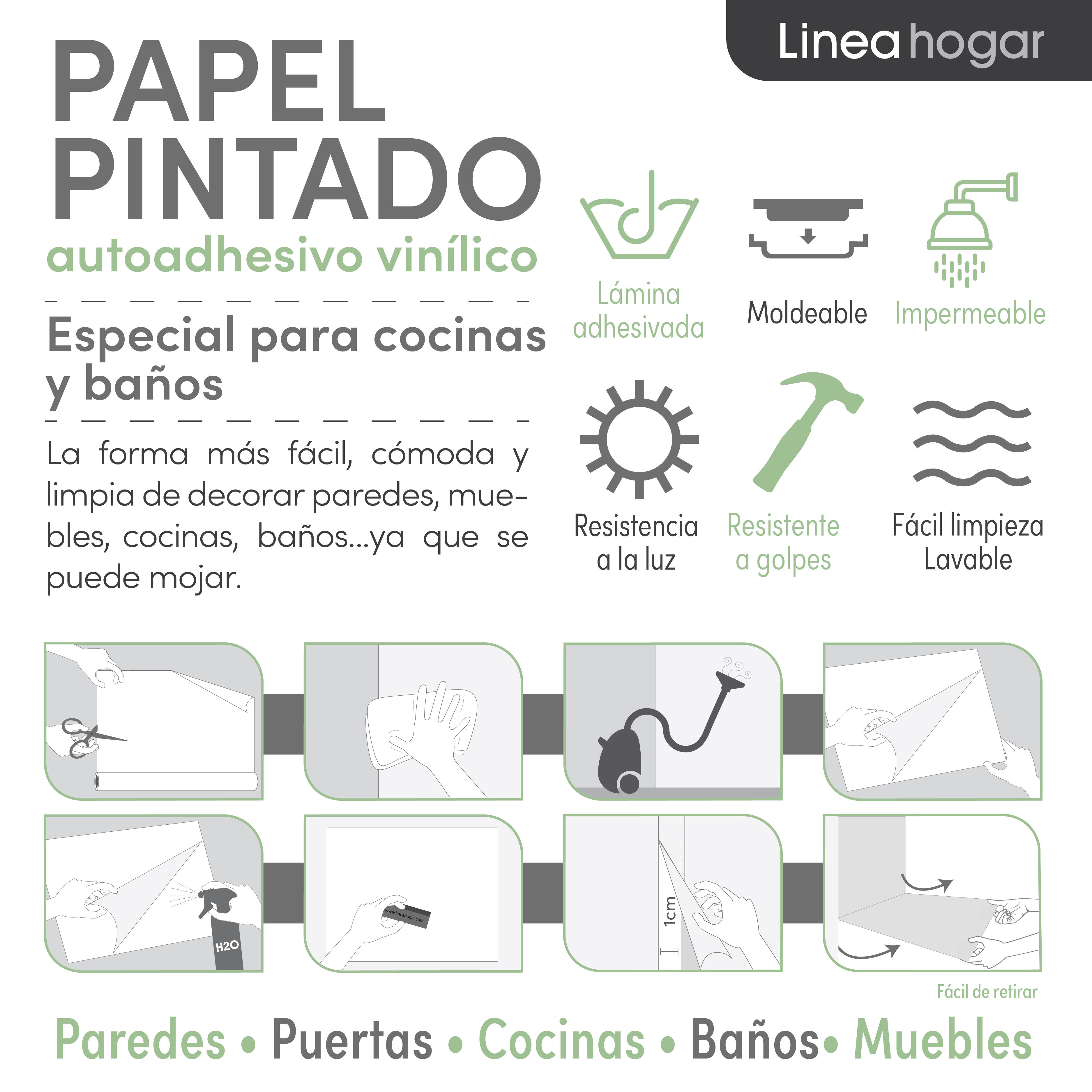 Papel pintado vinilo adhesivo Imitación material Bamboo light verde  LHD 65cmx2.8m superlavable. Apto para cocinas o baños - 7