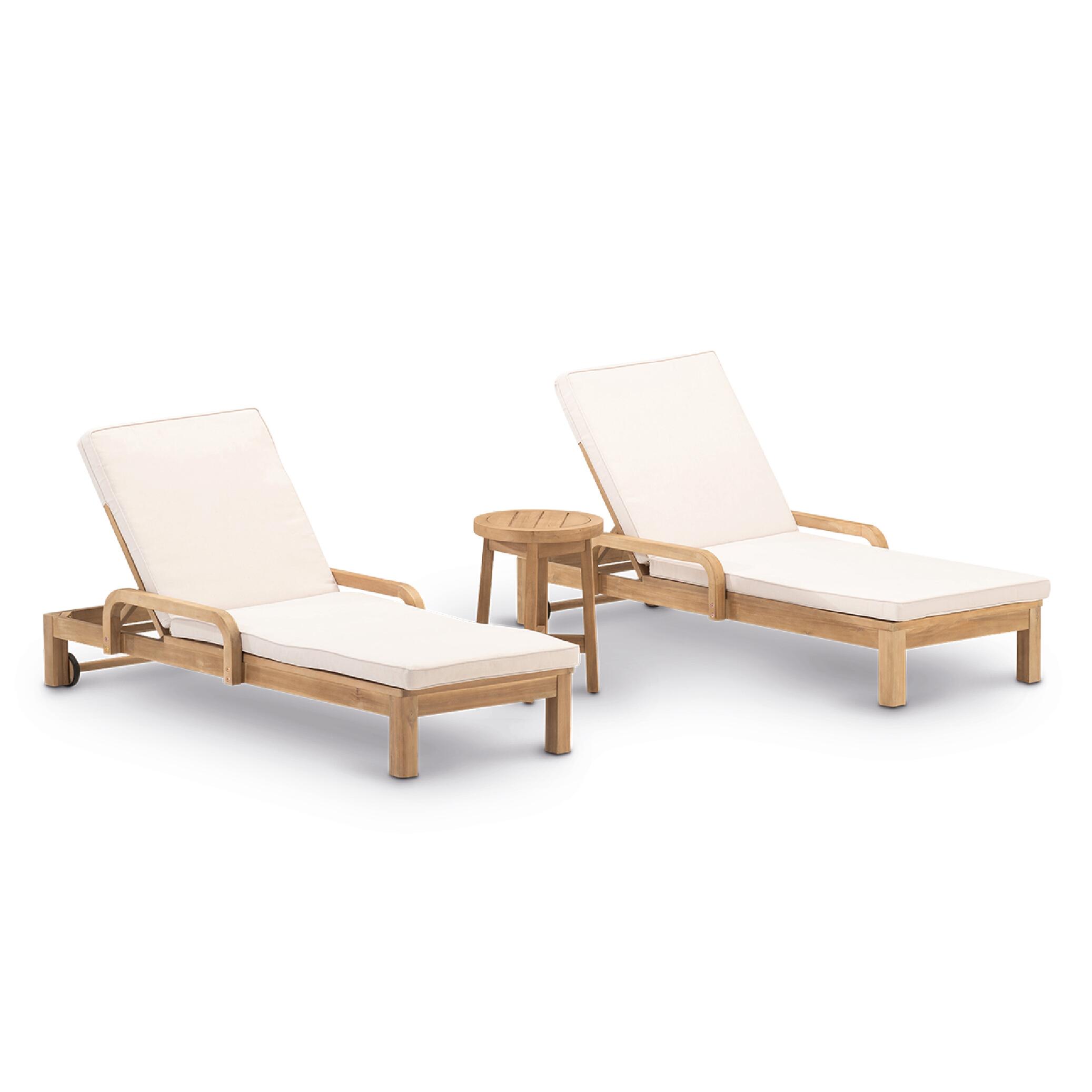set 2 tumbonas con cojin siena de acacia beige 184x26x75 cm y mesa auxiliar