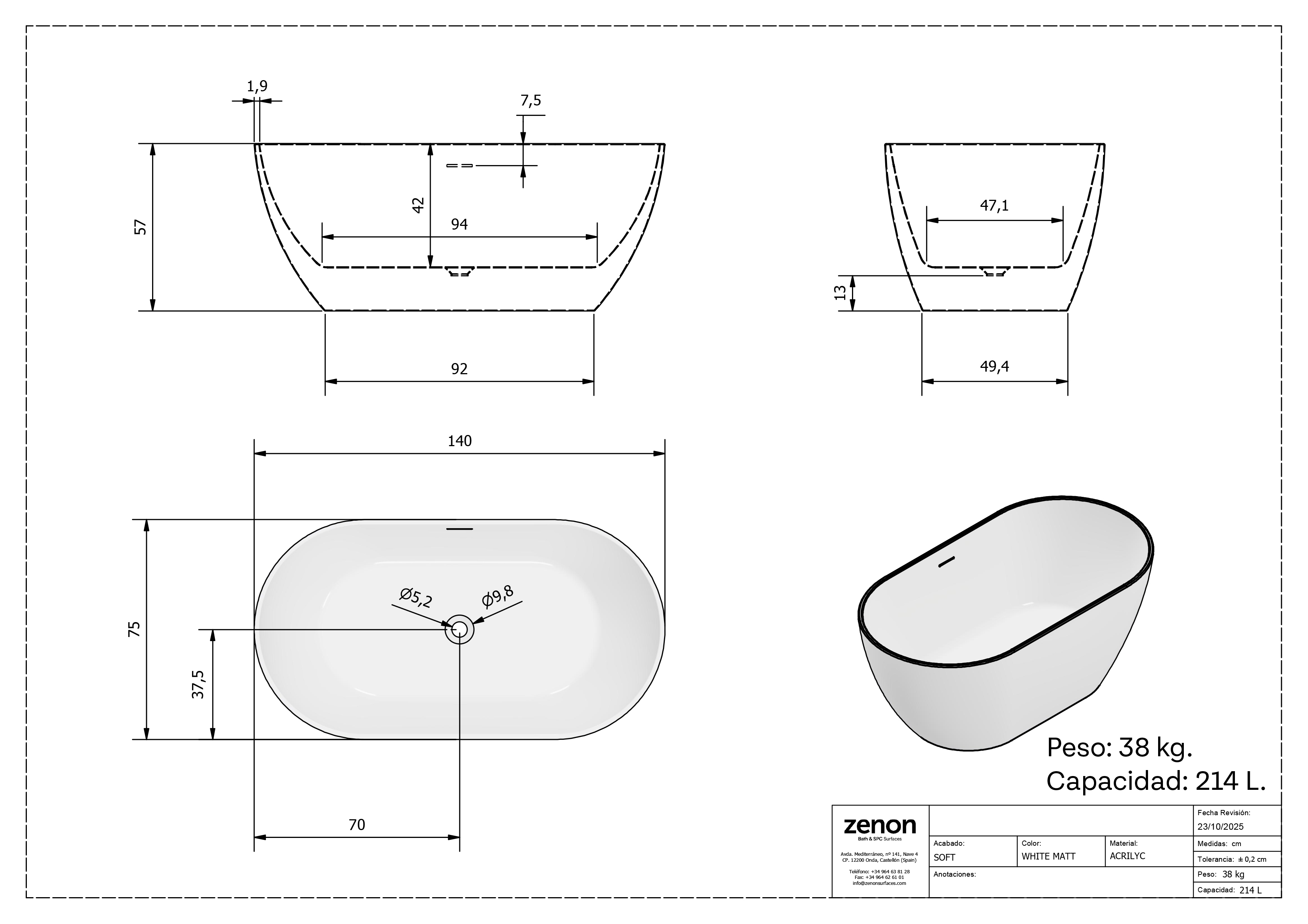 Bañera exenta VANERN blanco 140x75 cm - 3