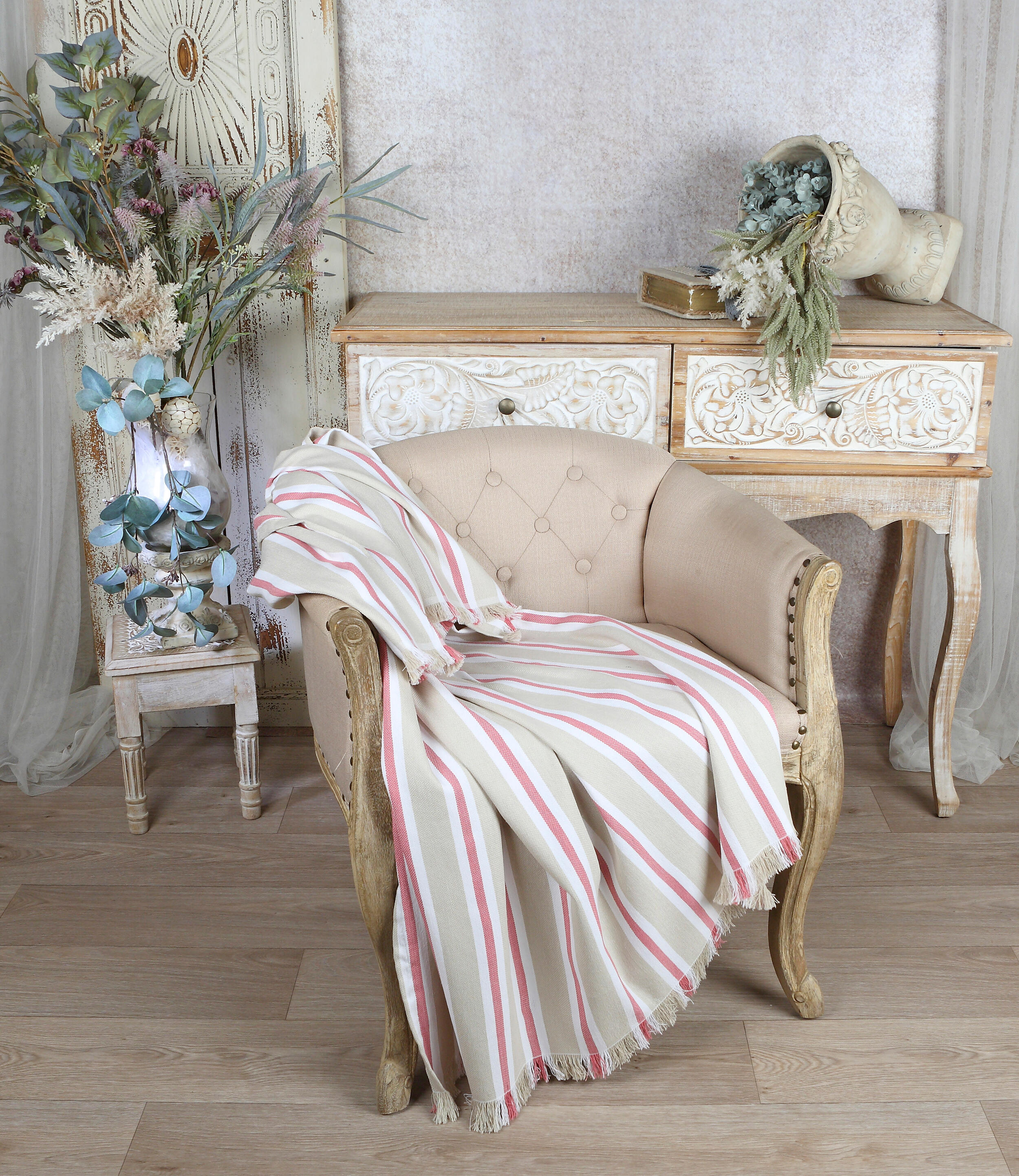 Manta algodón venecia rectangular algodón rayas rojo con flecos de 160x260 cm