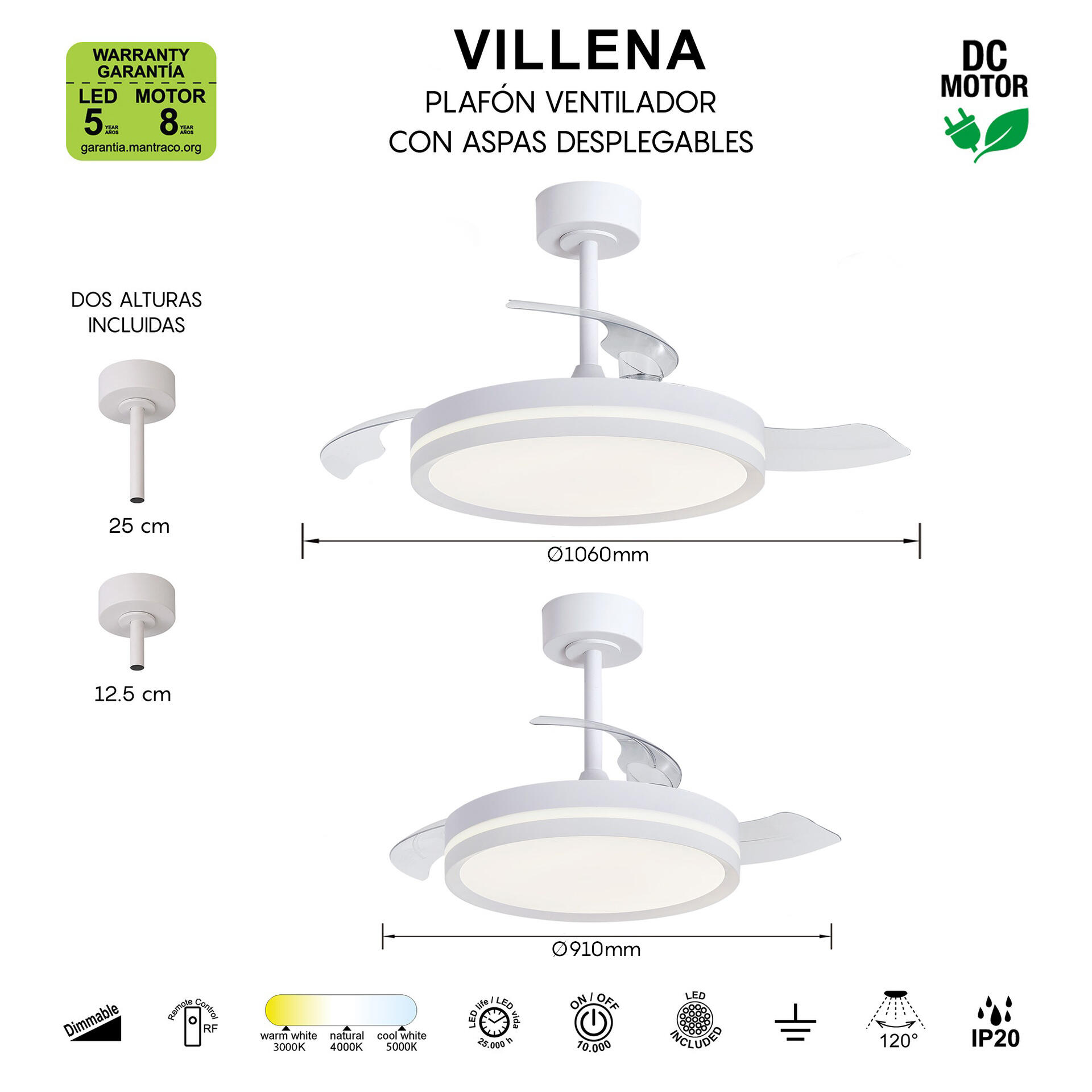 Ventilador de techo con luz silencioso DC 24W con mando ø91 cm Villena MANTRA blanco luz CCT 3 aspas retráctiles tipo lámpara| 6 velocidades| modo verano/invierno| temporizador| recomendado para <13m² - 13