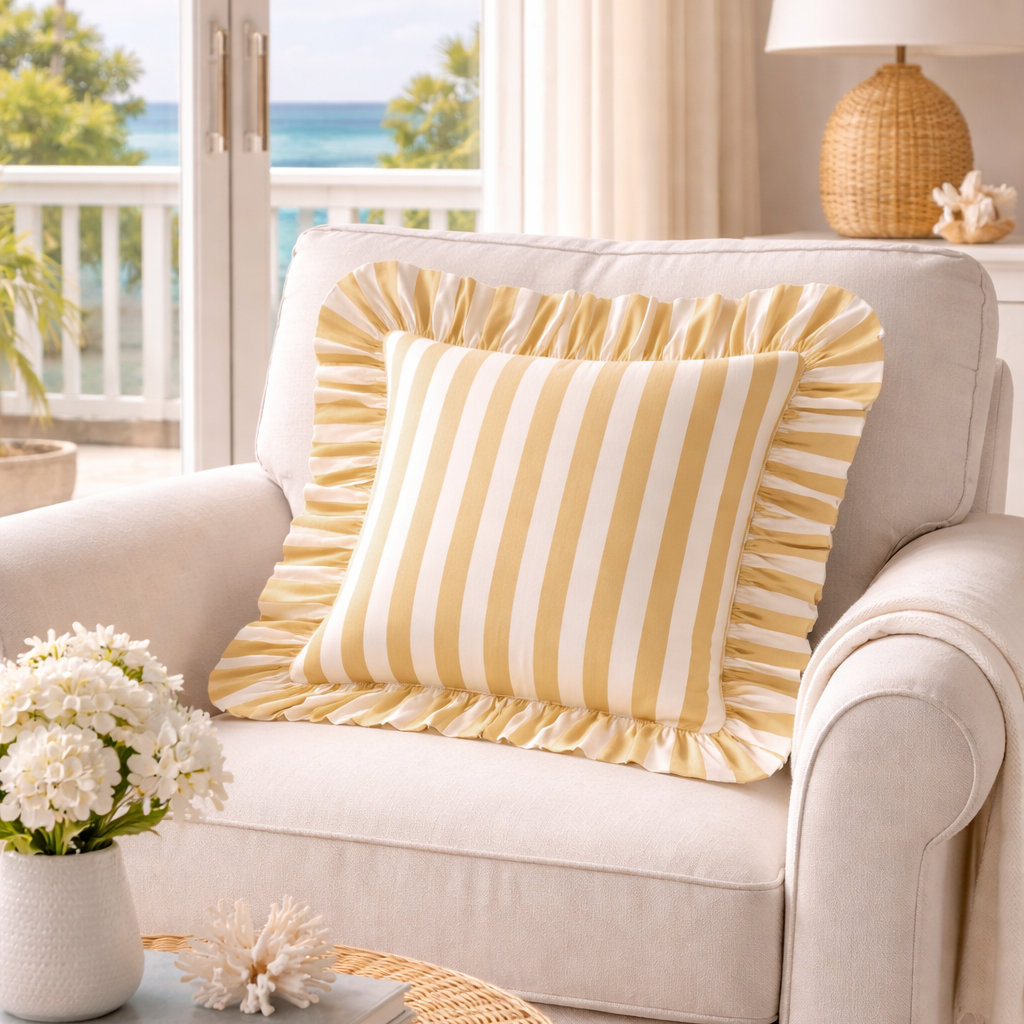 Cojín decorativo cuadrado Naive algodón rayas amarillo doble cara volante 40x40cm - 3