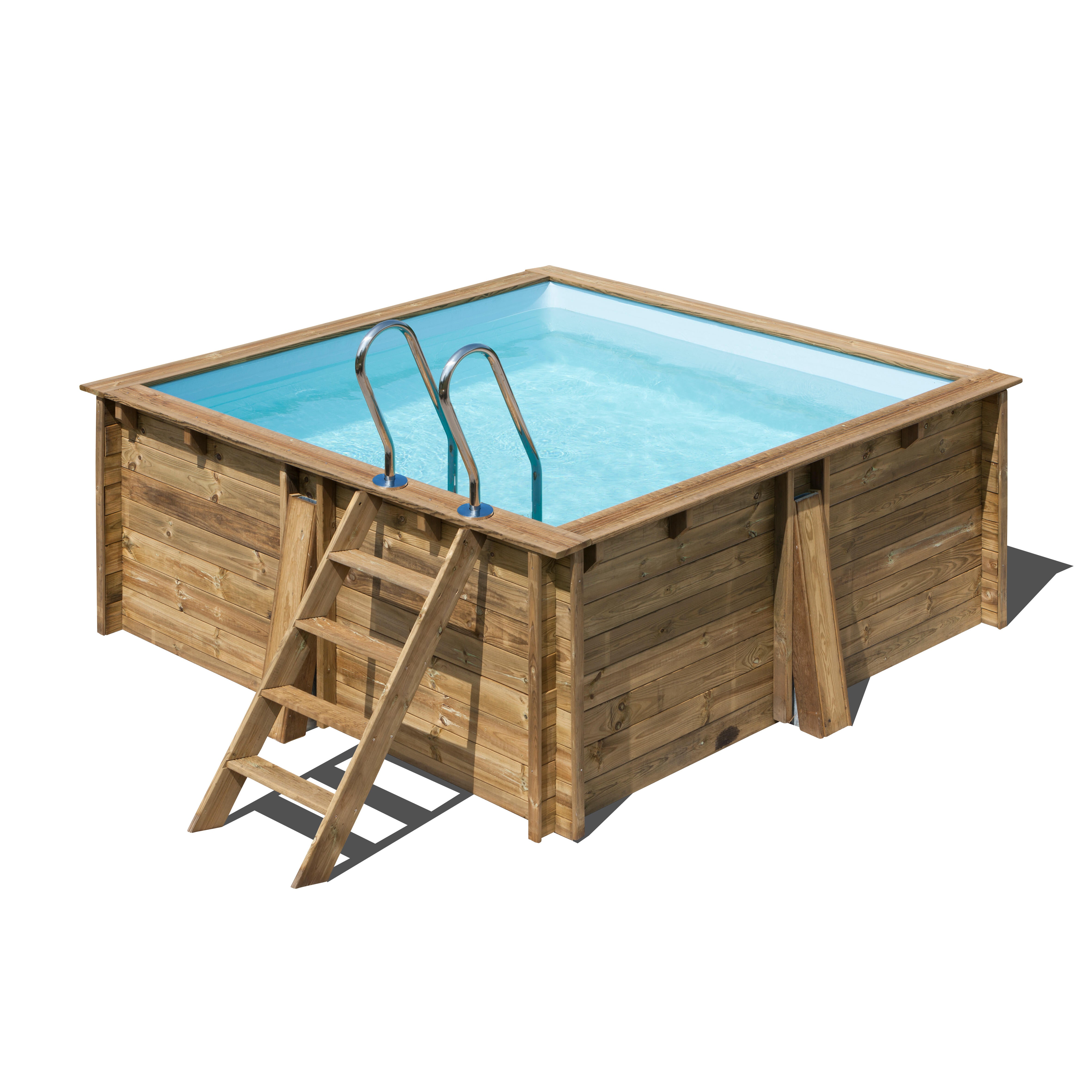 piscina elevada de madera marron cuadrada 273x273x116 m con depuradora de arena y escalera de tijeras gre