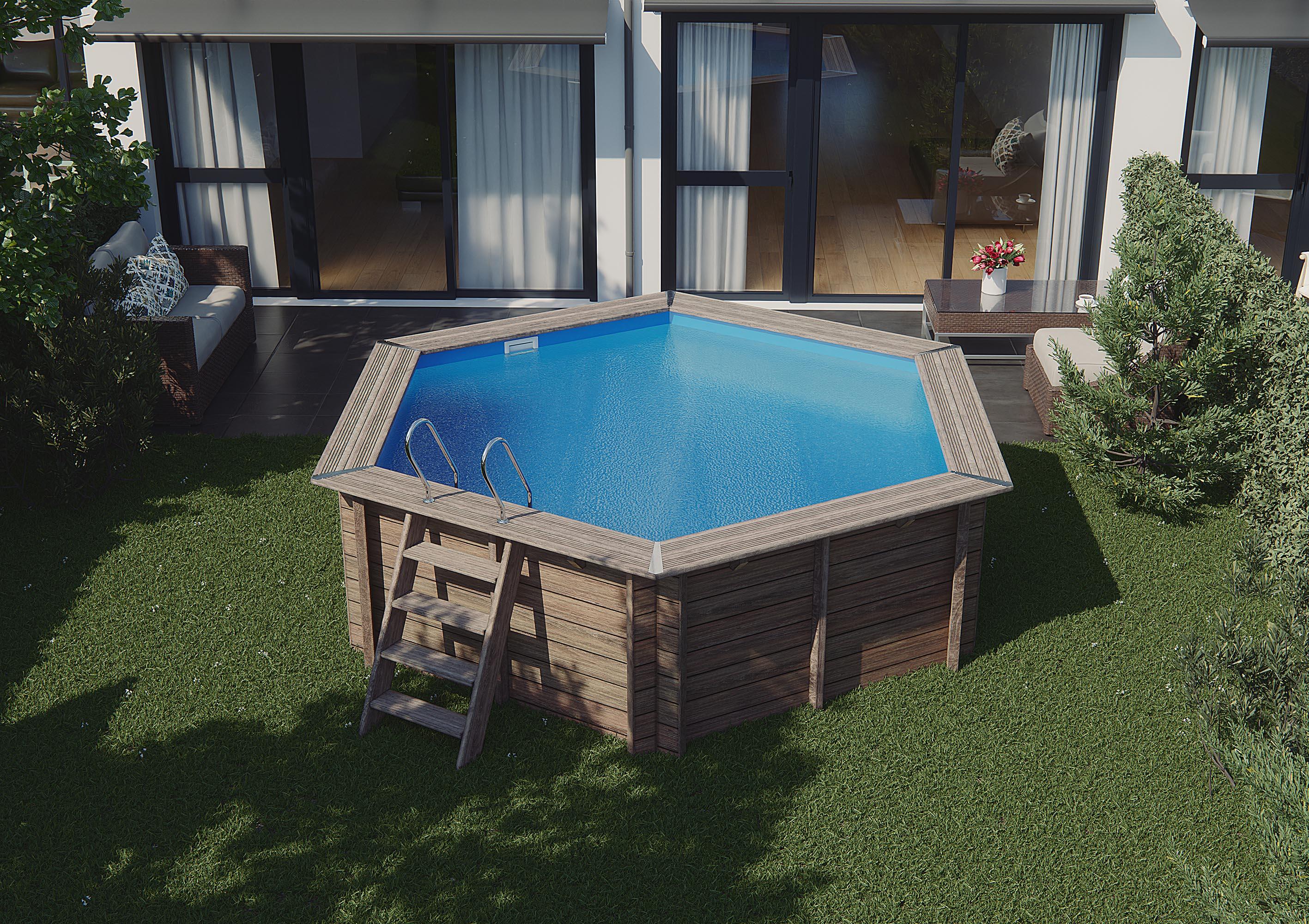 Piscina elevada de madera marrón redonda 3.43x3.43x1.16 m con depuradora de arena y escalera de tijeras GRE - 3