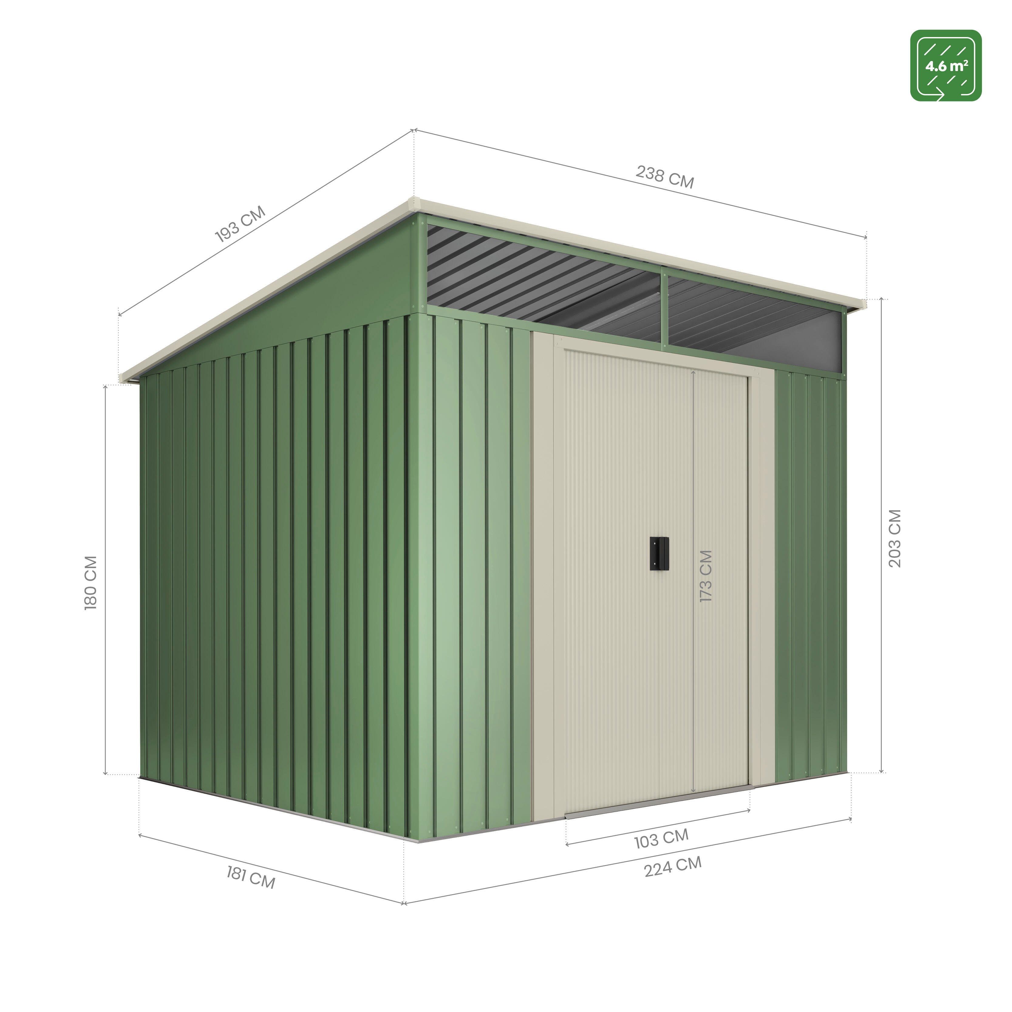 caseta de metal gansen de 238x203x199 cm y 433 m2 con 025 mm espesor y doble puerta corredera hoggar