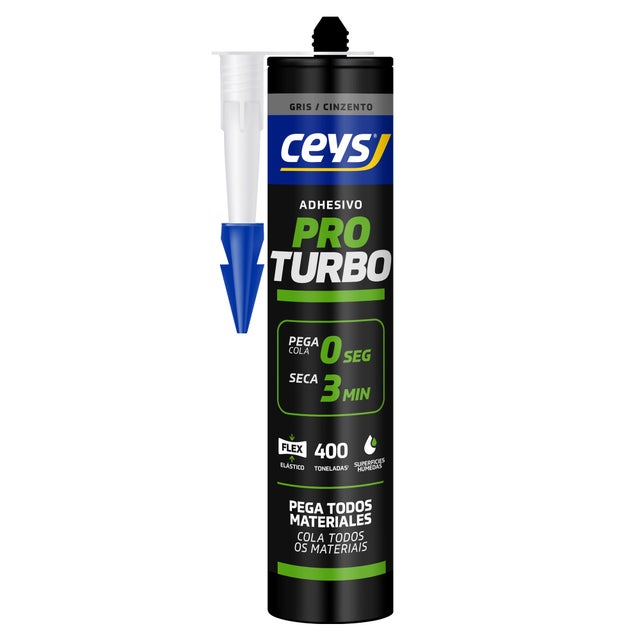Adhesivo de montaje CEYS Pro Turbo 290 ml gris para PVC, madera, hormigón, aplicación con pistola, compatible con humedad. Para fijar un material a una superficie.