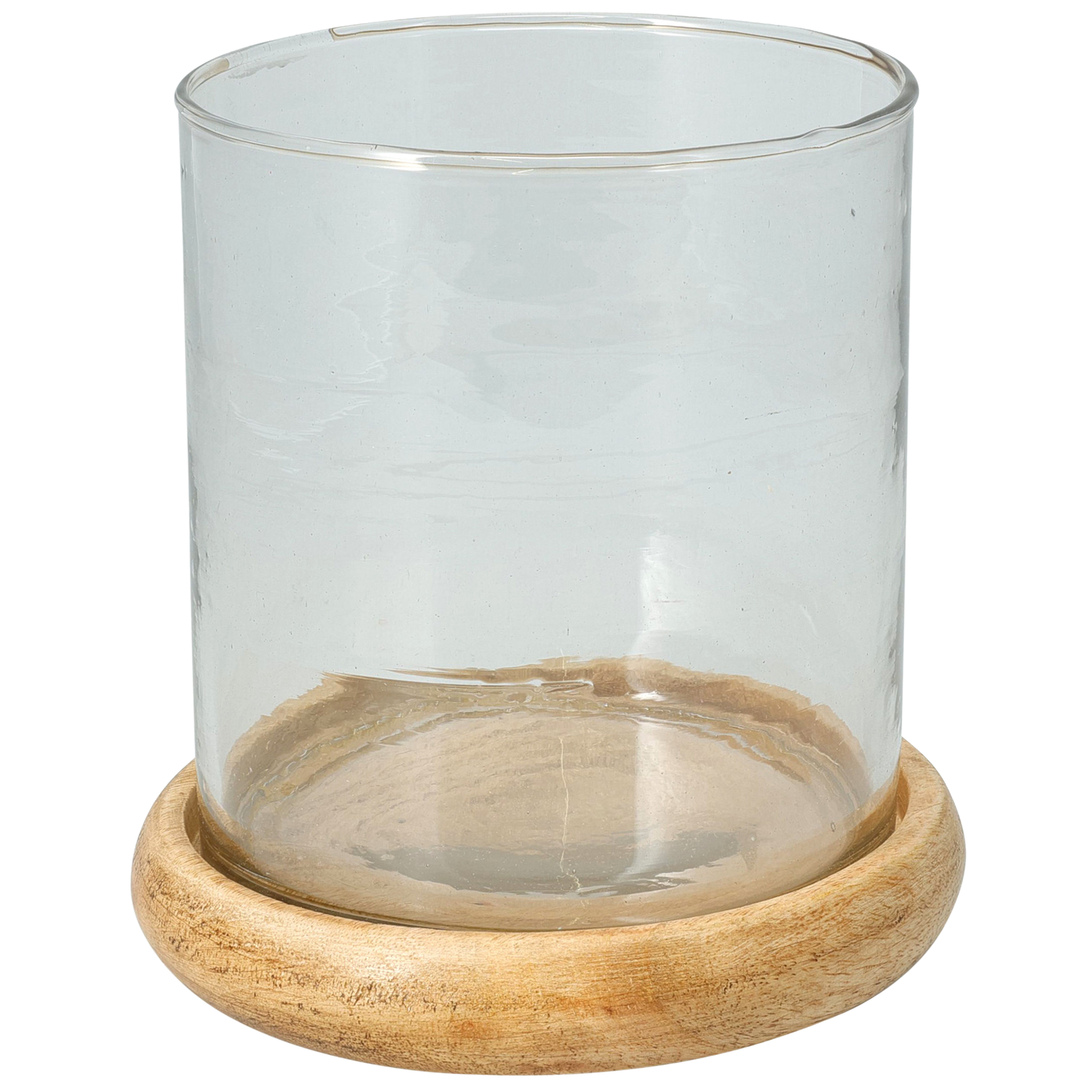 Świecznik z drewnianą podstawą transparentne szkło wys. 16 cm