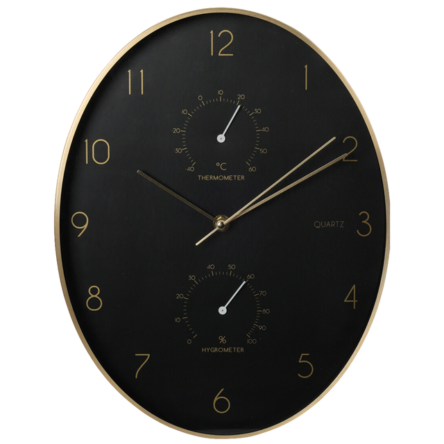 Zegar ścienny Loft Gold - Czarna Tarcza z Termometrem i Higrometrem śr. 34.5 cm