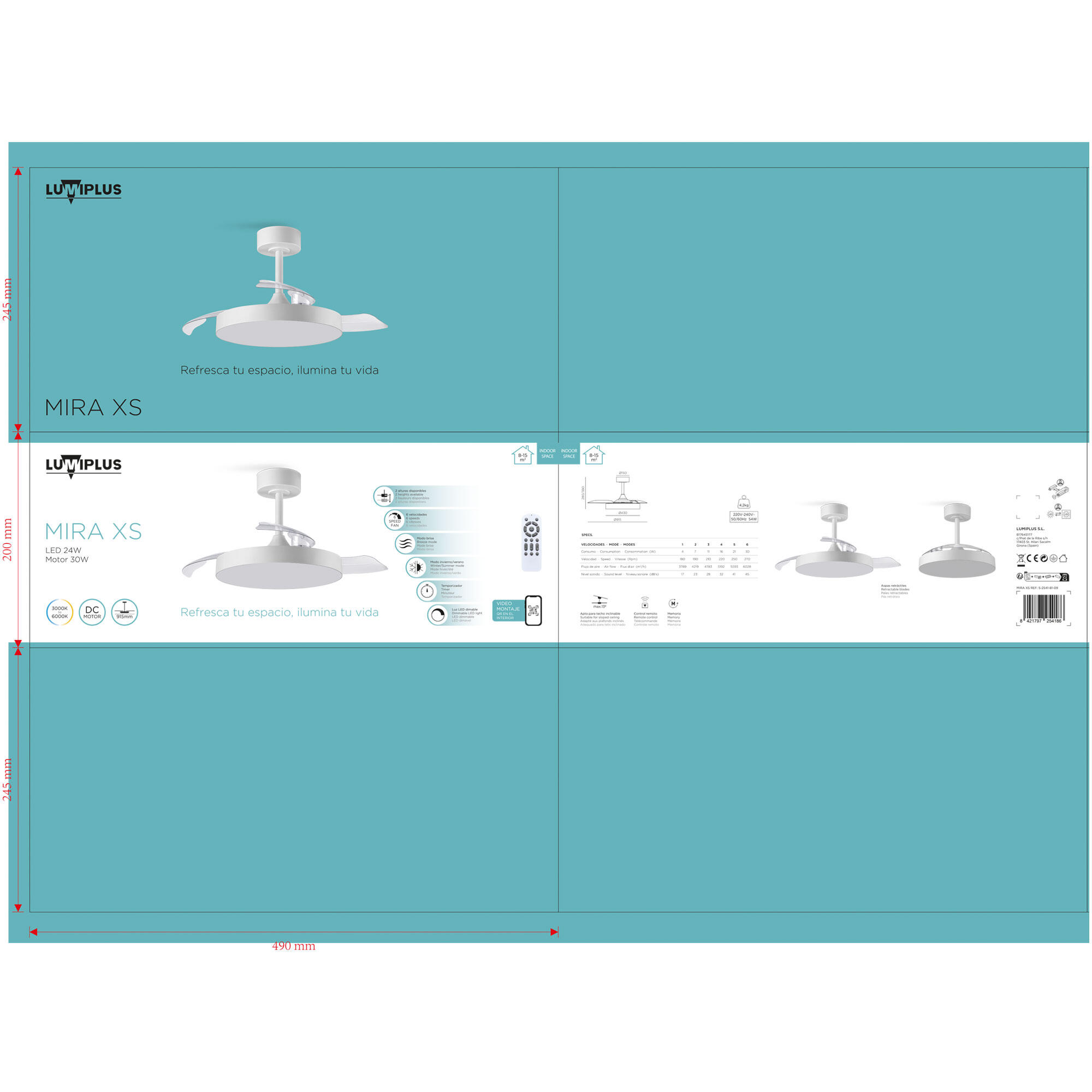 Ventilador de techo con luz silencioso DC 20W con mando ø96 cm Mira XS LUMIPLUS blanco luz CCT 3 aspas| 6 velocidades| modo verano/invierno| temporizador| brisa| recomendado para <13m² - 10