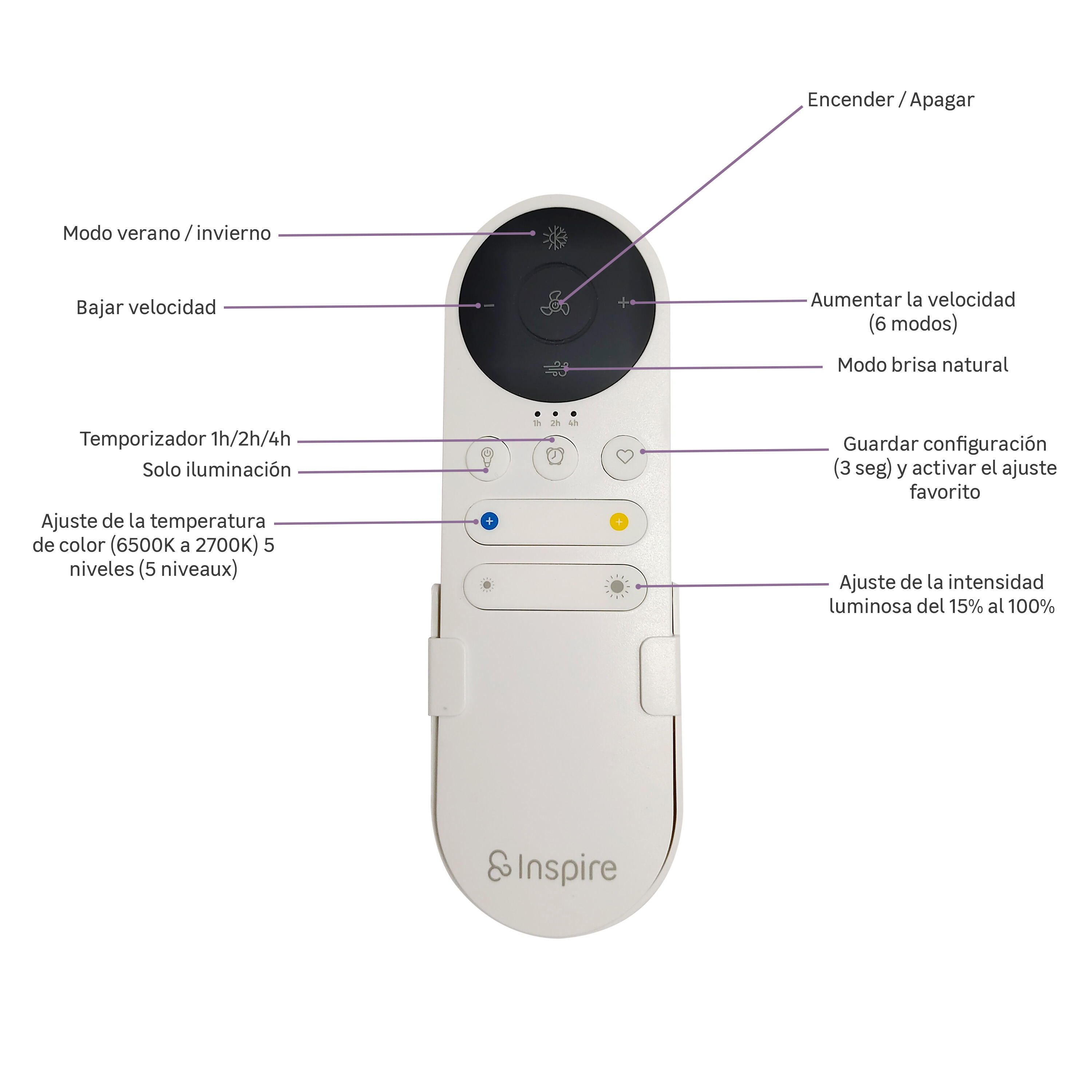 Ventilador de techo con luz silencioso DC 34W con mando WiFi/ APP ø112 cm Aruba Plus INSPIRE blanco luz CCT 3 aspas| 6 velocidades| modo verano/invierno| brisa| temporizador| recomendado de 13 a 20m² - 23