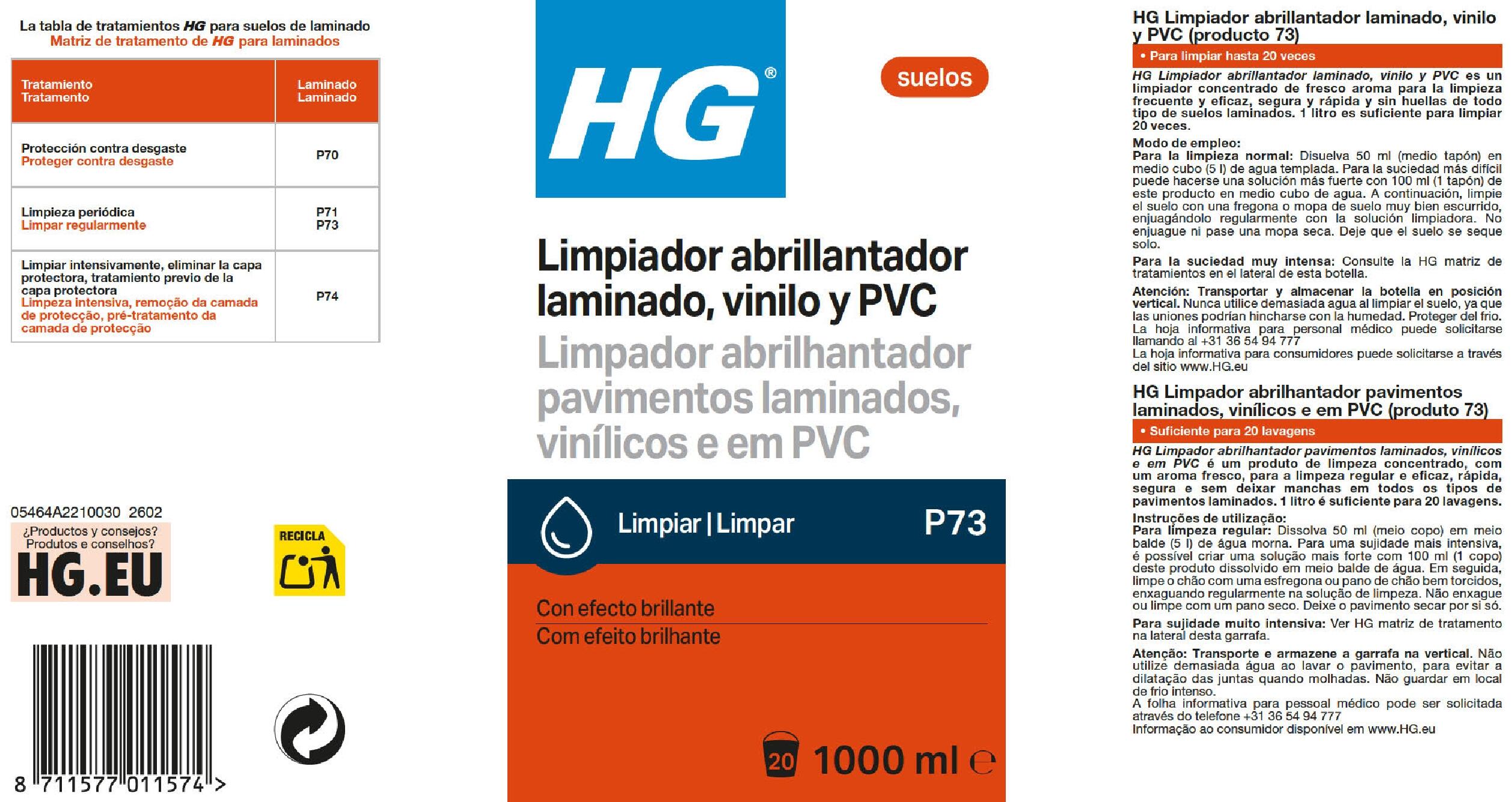 Limpiador abrillantador para suelos laminados uso diario HG de 1L - 3