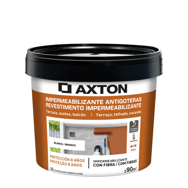 Pintura impermeabilizante exterior AXTON color blanco para fachadas, tejados, terrazas de hormigón, piedra 15L. Acrílico. Protege y decora el tejado.