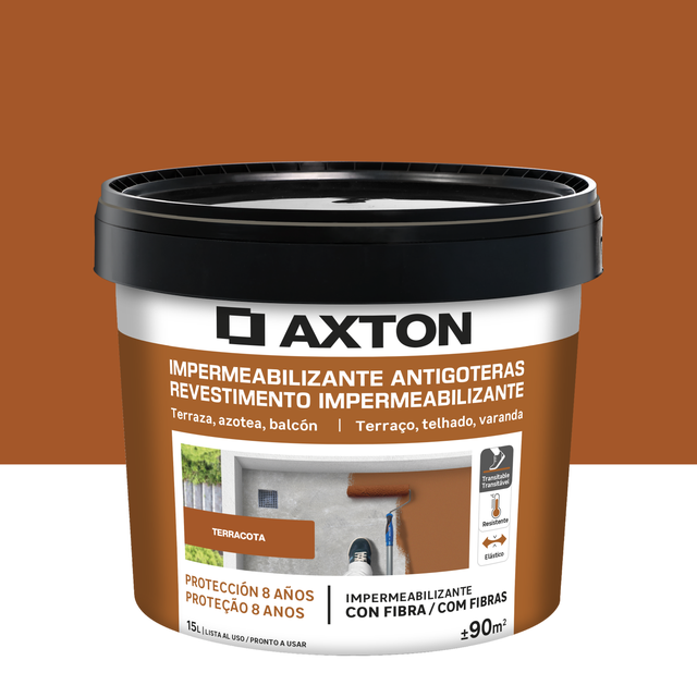 Pintura impermeabilizante exterior AXTON color terracota para fachadas, tejados, terrazas de hormigón, piedra 15L. Acrílico. Protege y decora el tejado.