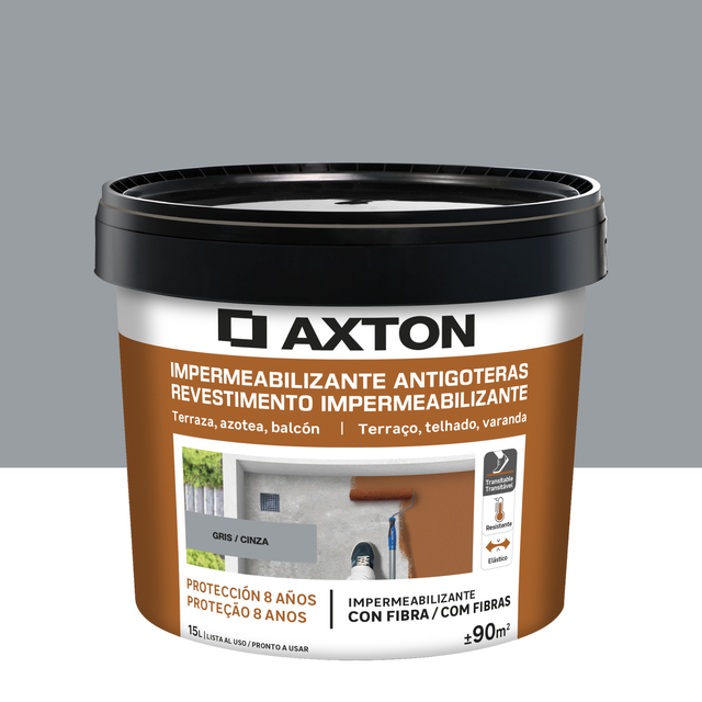 Pintura impermeabilizante exterior AXTON color gris para fachadas, tejados, terrazas de hormigón, piedra 15L. Acrílico. Protege y decora el tejado.