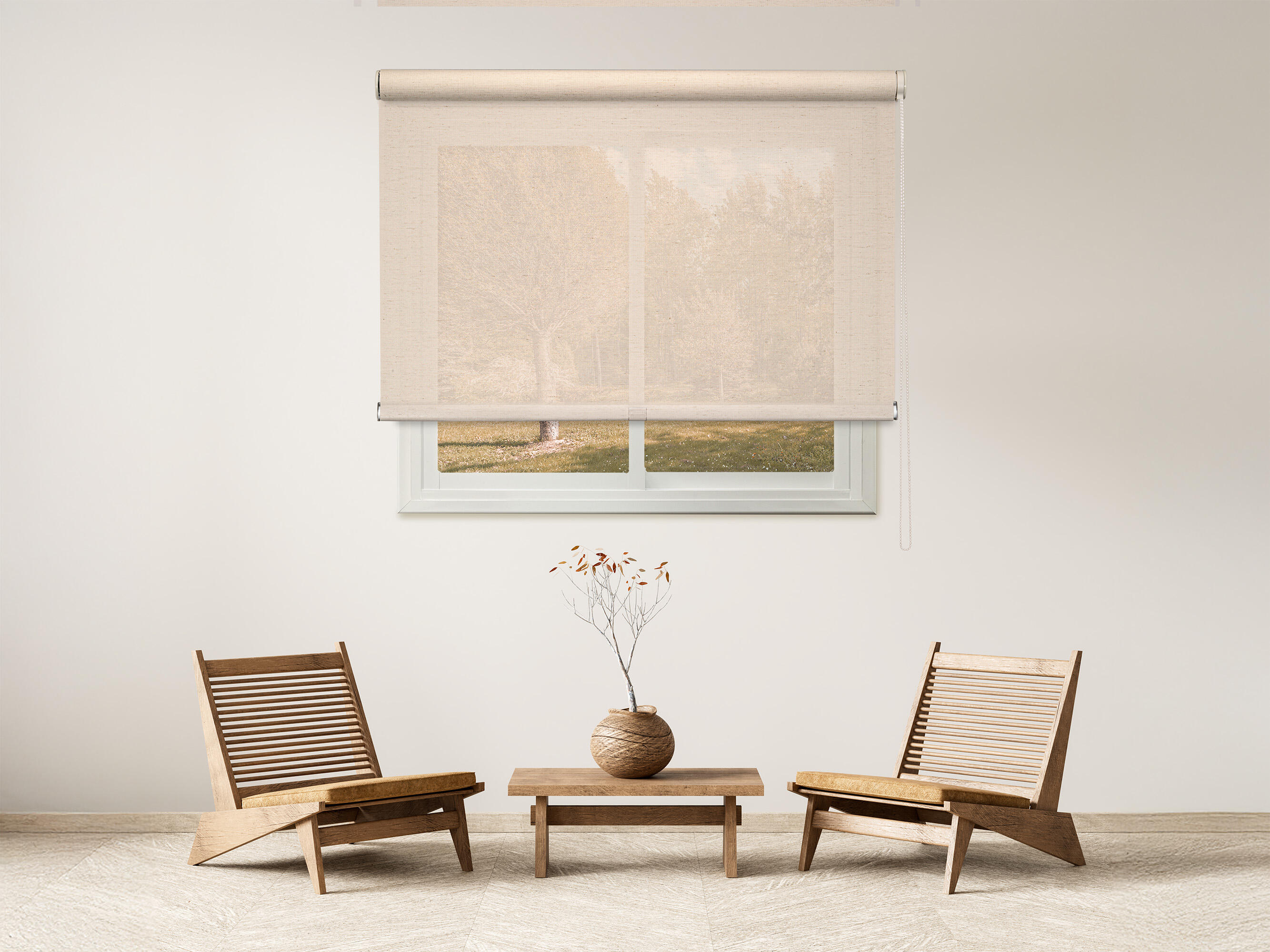 Estor enrollable screen 5% lino de 200x250 pvc liso beige con cadena. aislamiento térmico