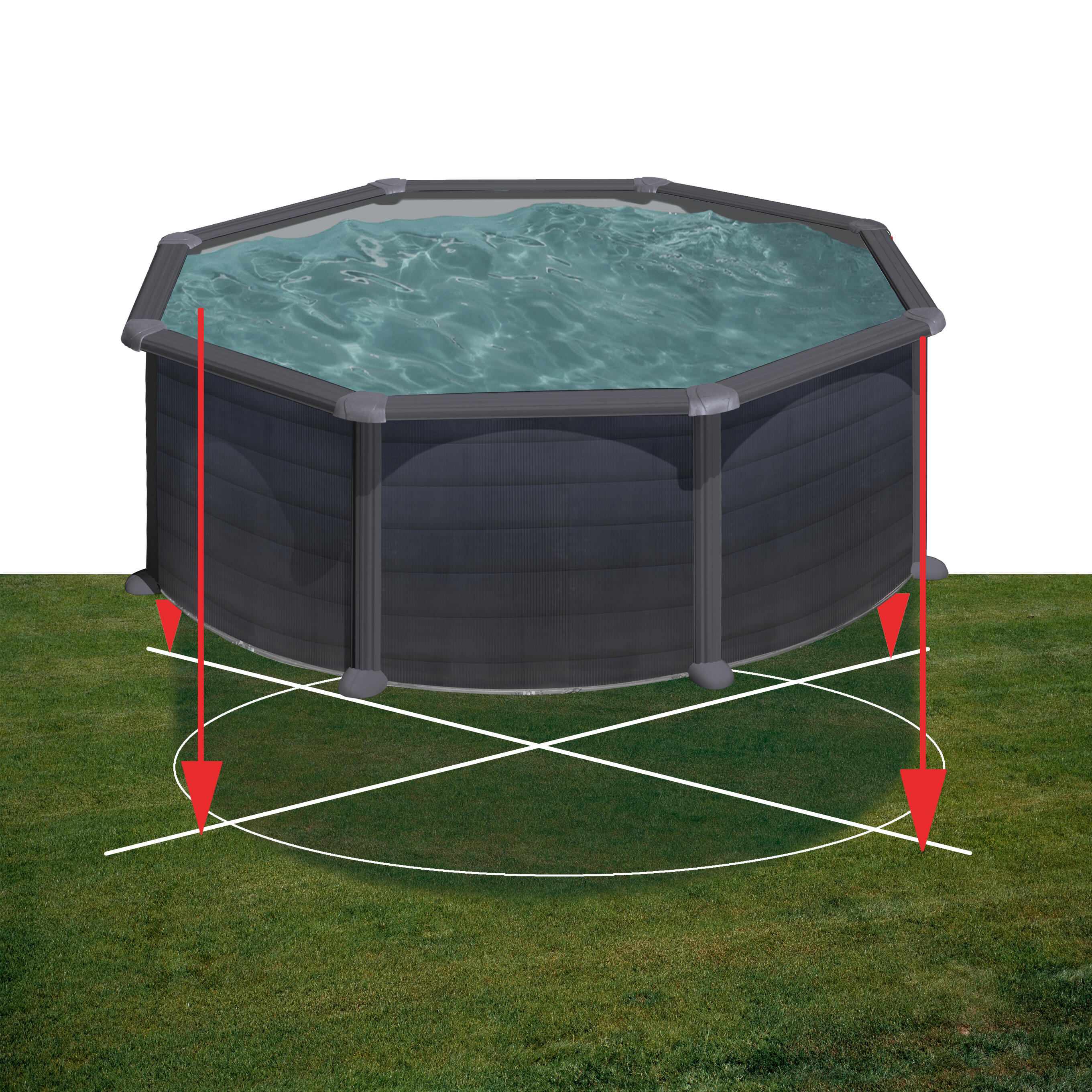 Piscina elevada de acero gris redonda ø 3.5x1.2 m con depuradora de arena y escalera de seguridad GRE - 6