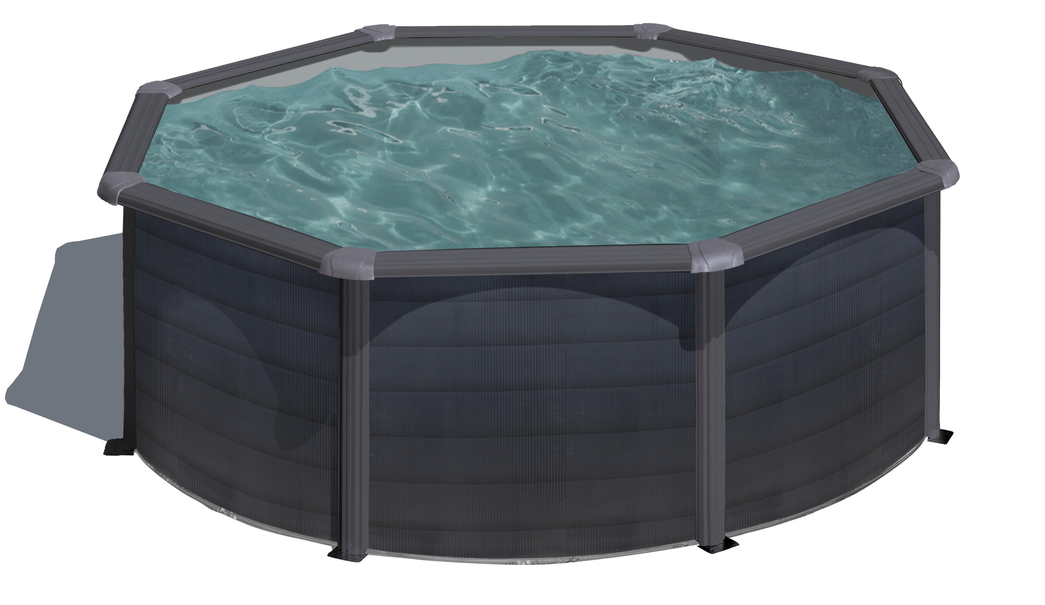 Piscina elevada de acero gris redonda ø 3.5x1.2 m con depuradora de arena y escalera de seguridad GRE - 2