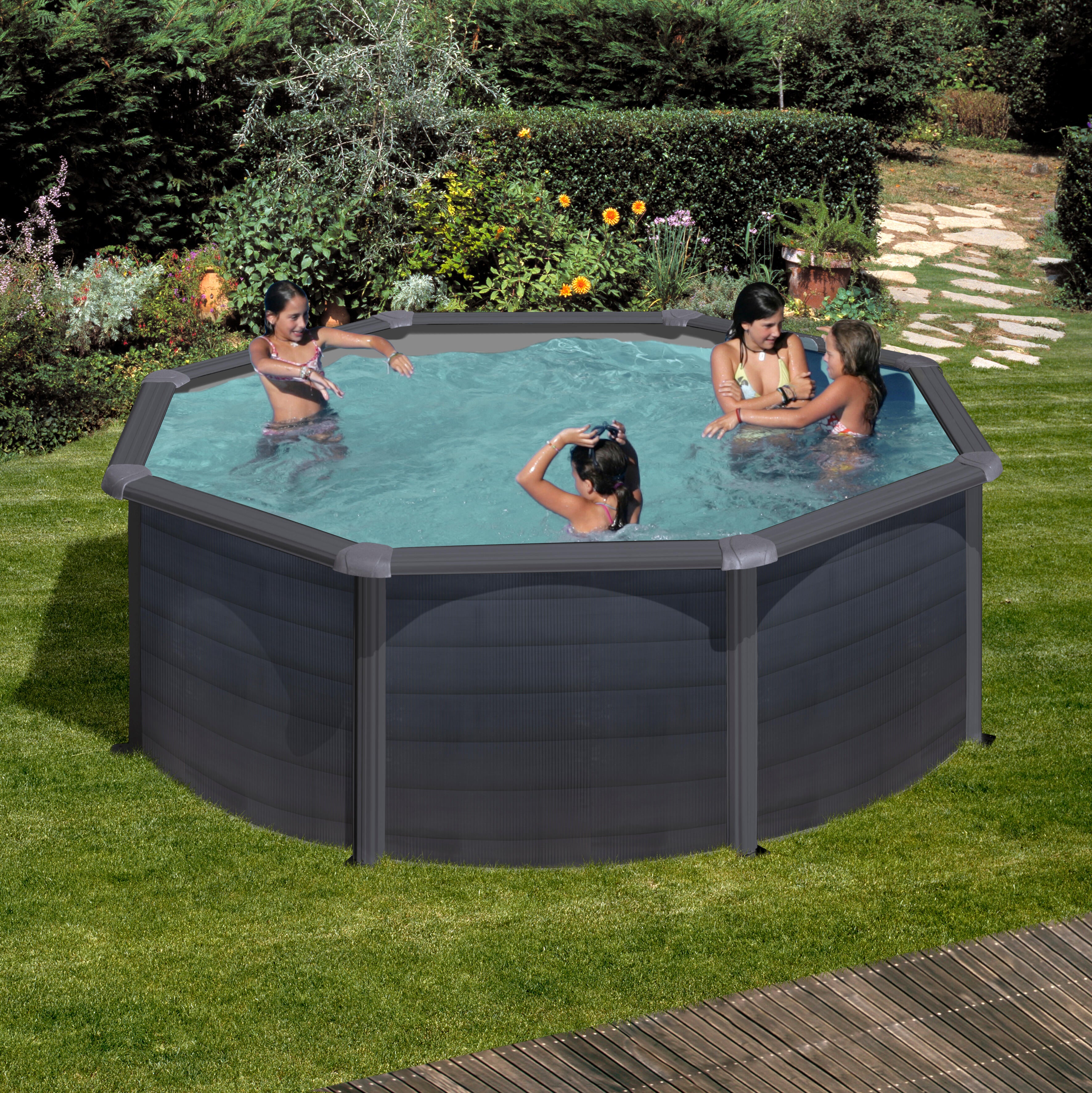 Piscina elevada de acero gris redonda ø 3.5x1.2 m con depuradora de arena y escalera de seguridad GRE - 3