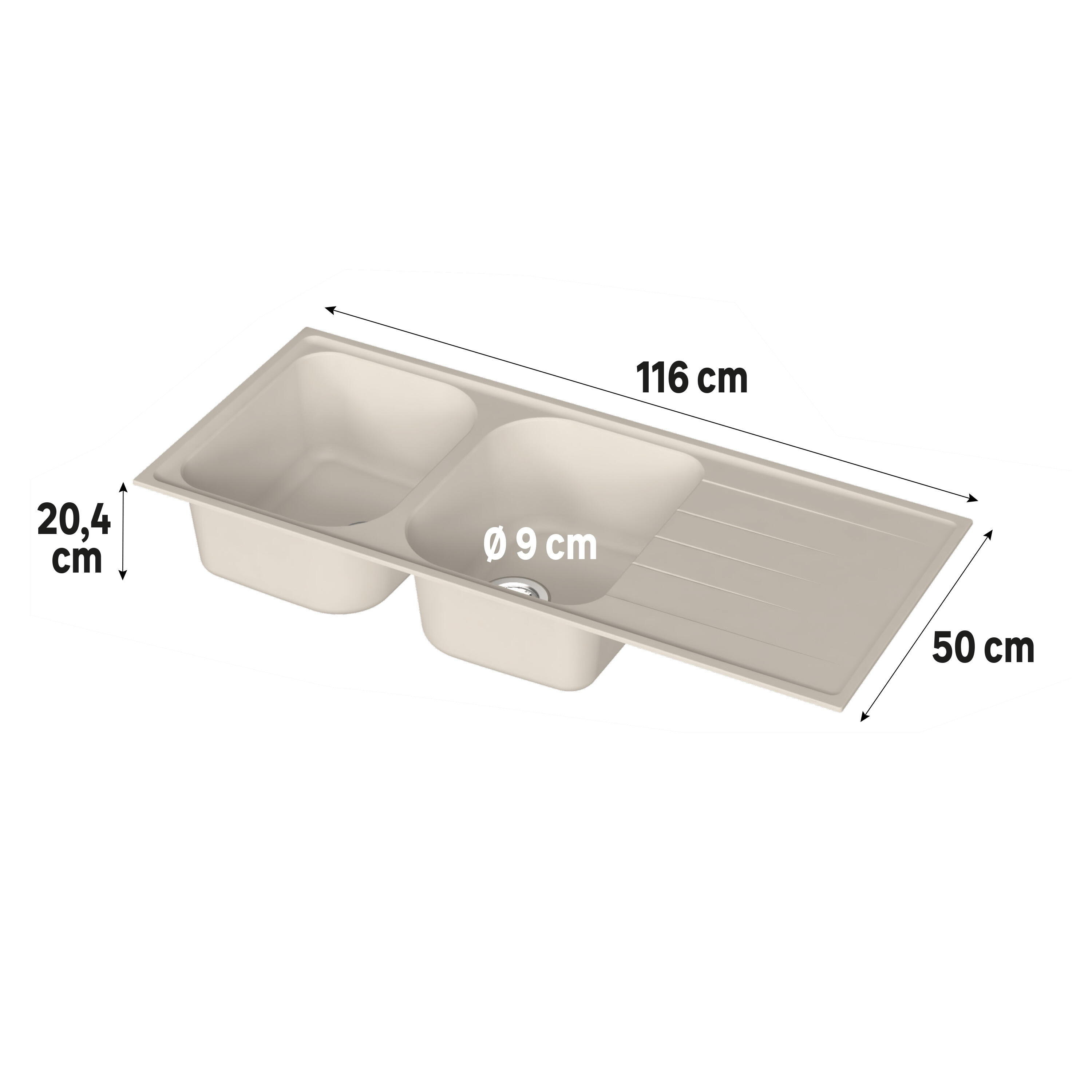 Evier à encastrer 2 bacs avec égouttoir, Quartz et résine, ELBE Blanc - 5