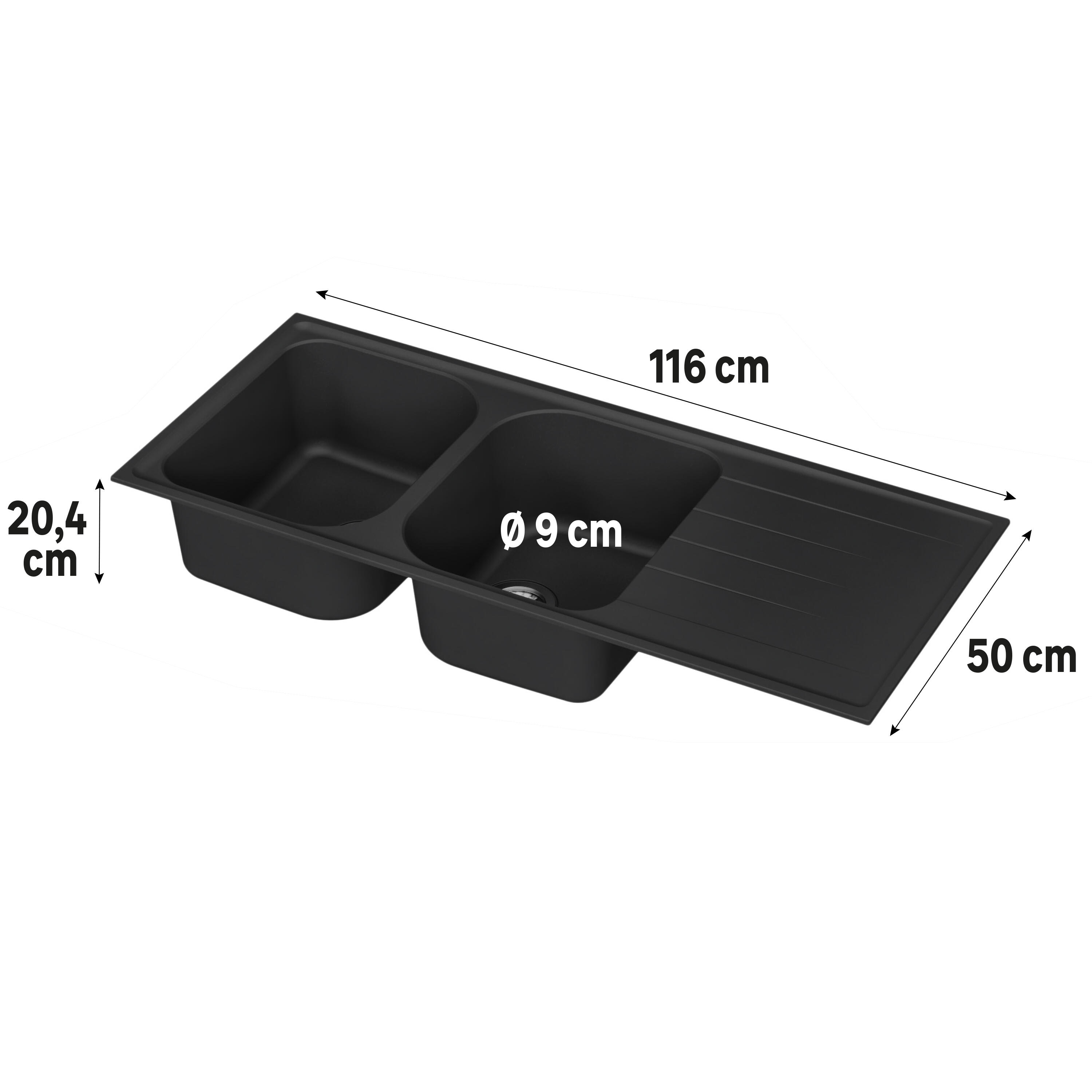 Evier en quartz et résine 2 bacs 116 x 50 cm vidage inclus Elbe noir - 4